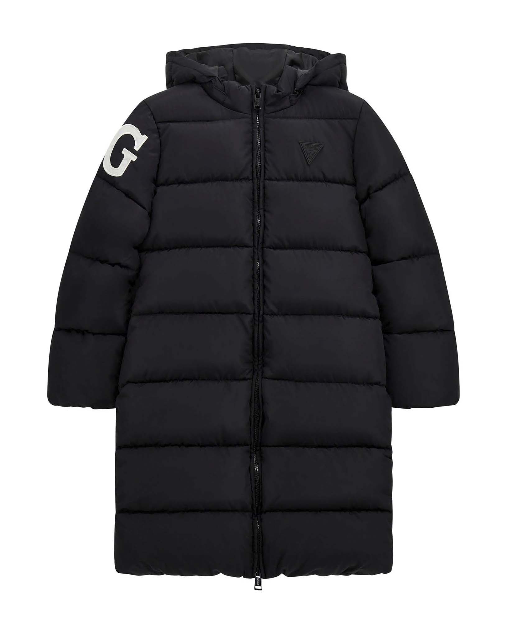 Maxi piumino Guess in nylon nero trapuntato con cappuccio e maxi logo bianco sul retro