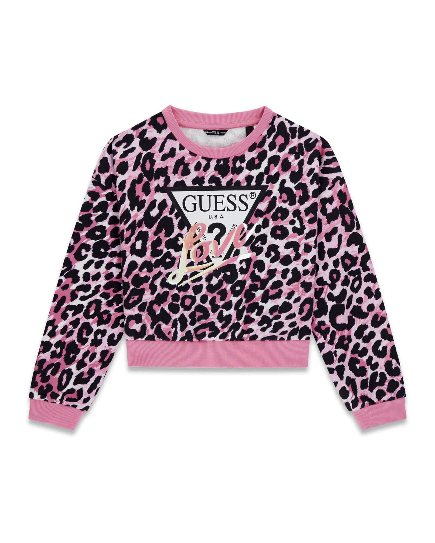 Felpa girocollo Guess fucsia maculata in puro cotone e logo triangolo