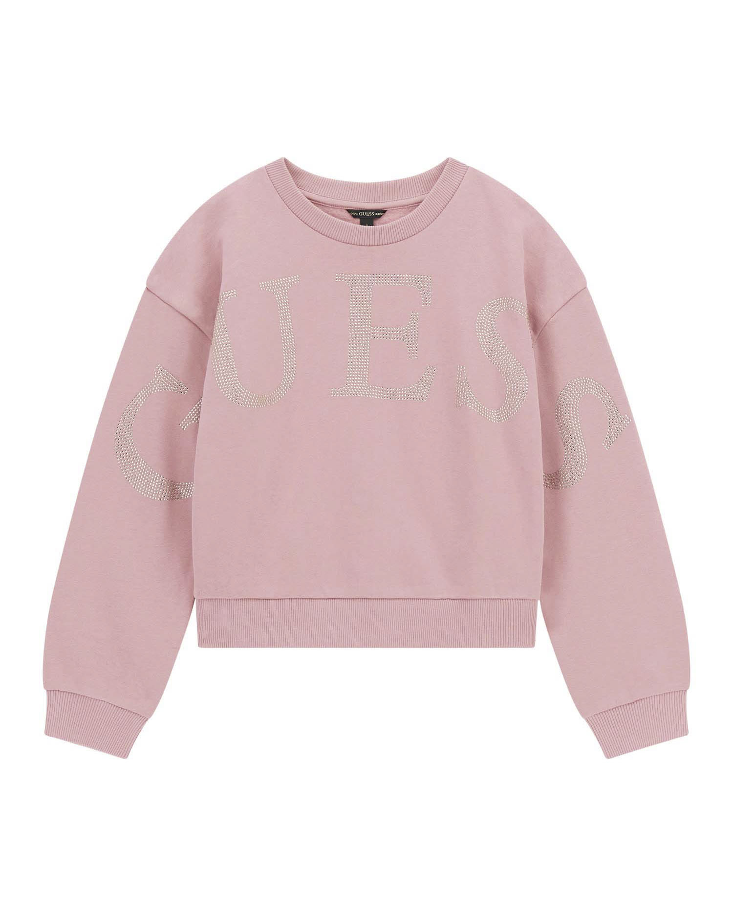 Felpa girocollo Guess rosa in puro cotone e maxi scritta logo in strass
