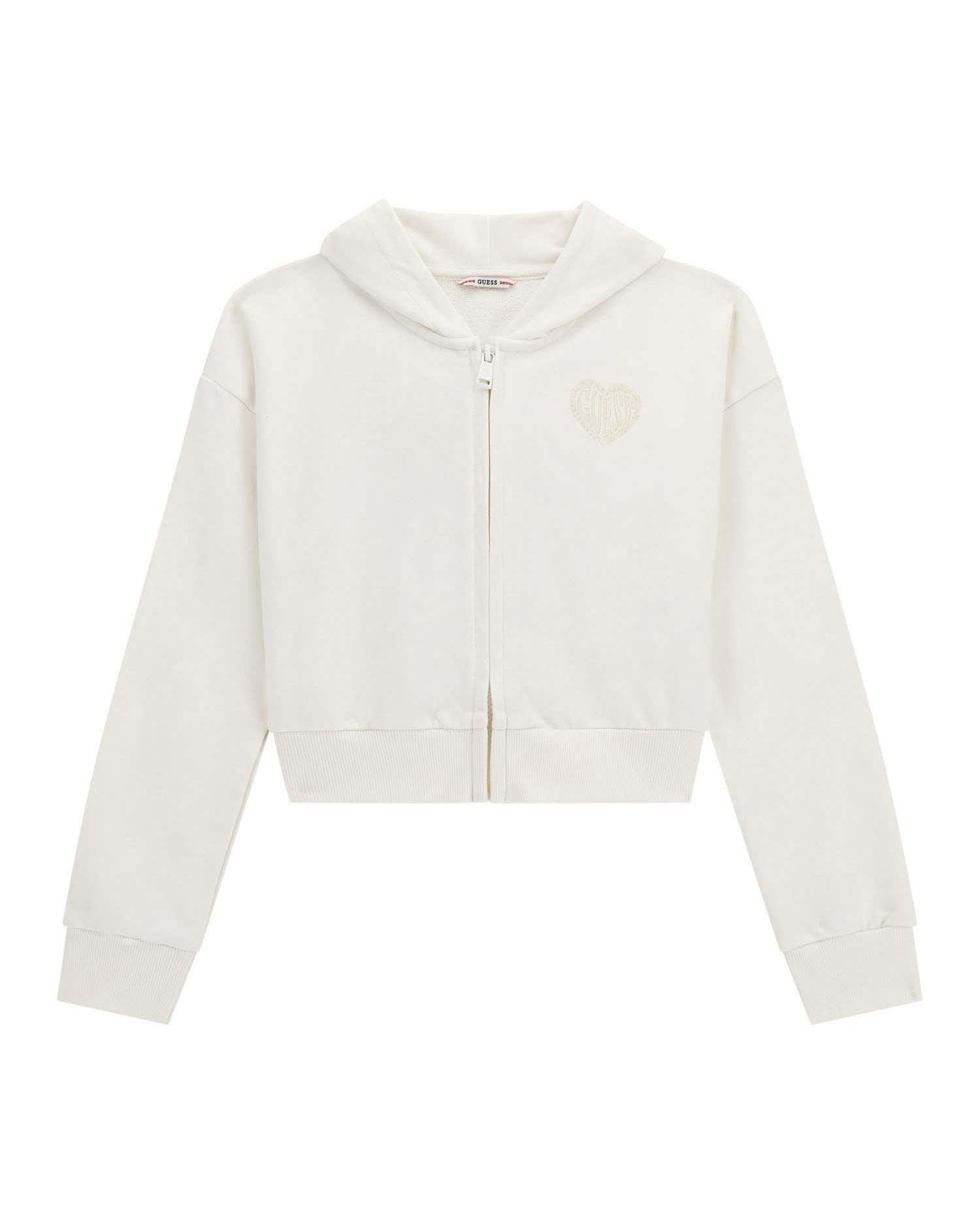 Felpa Guess cropped color panna con cappuccio e zip