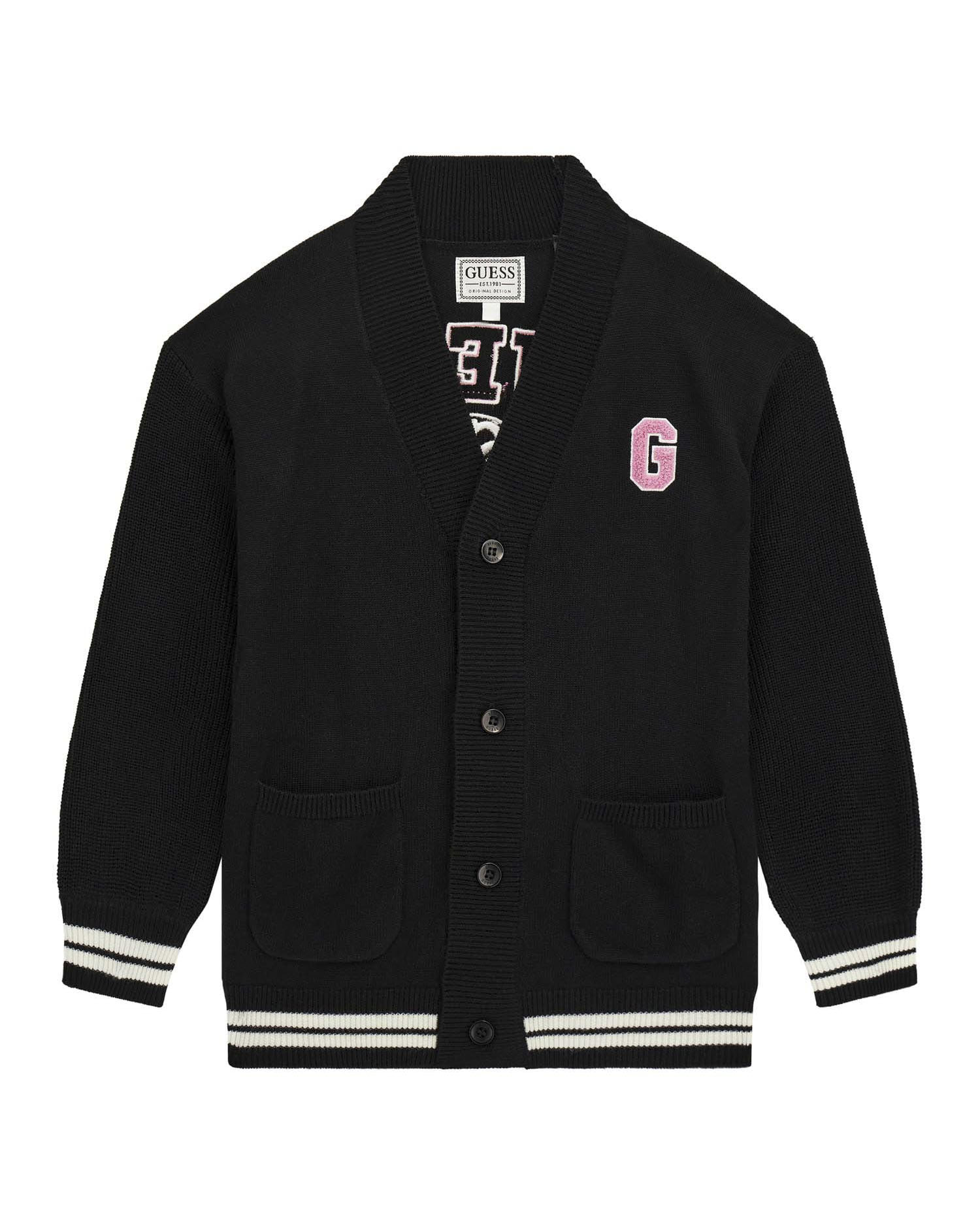Cardigan nero Guess in misto lana con bordi bianchi e patch logo rosa