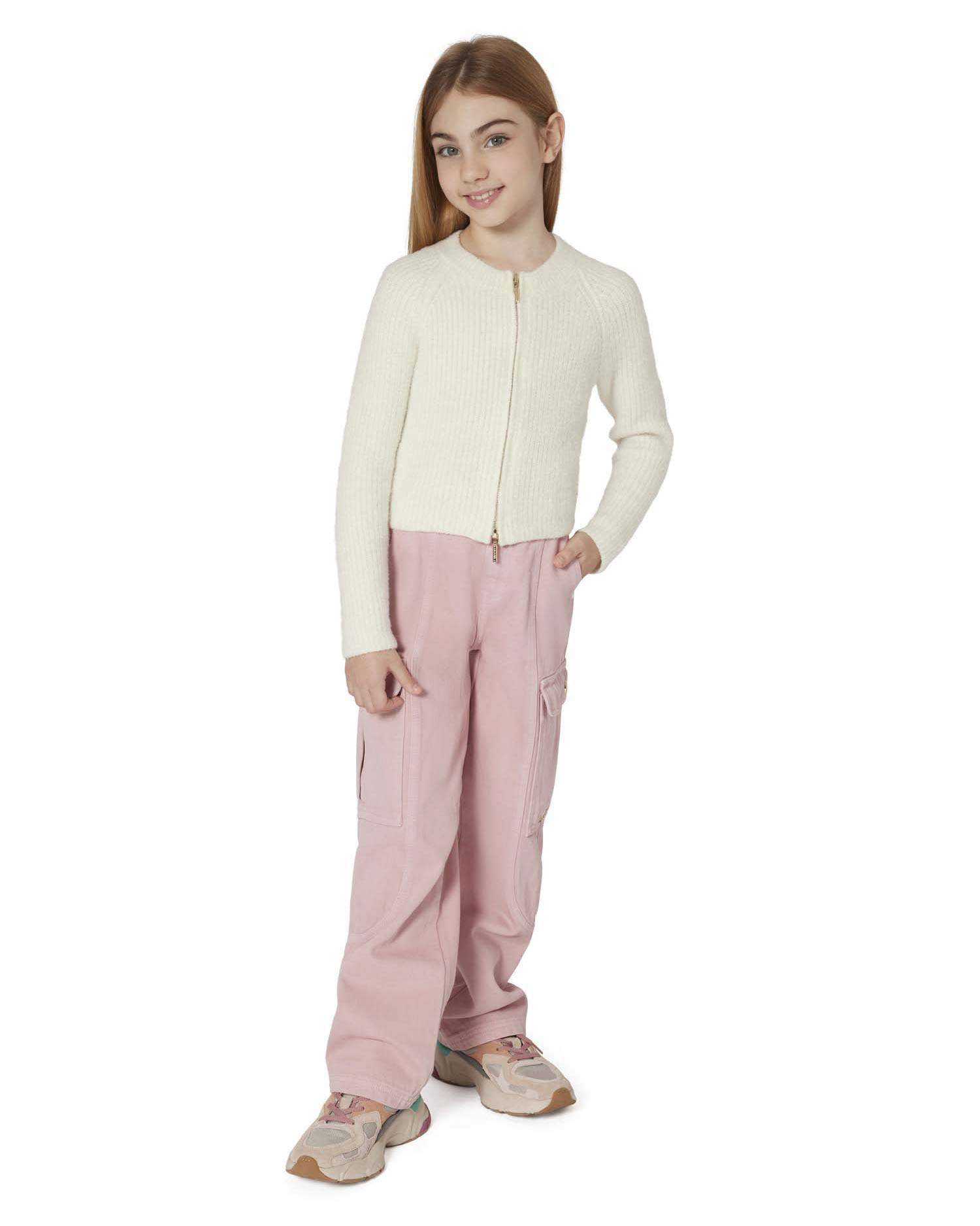 Maglia Guess cropped avorio a costine con zip