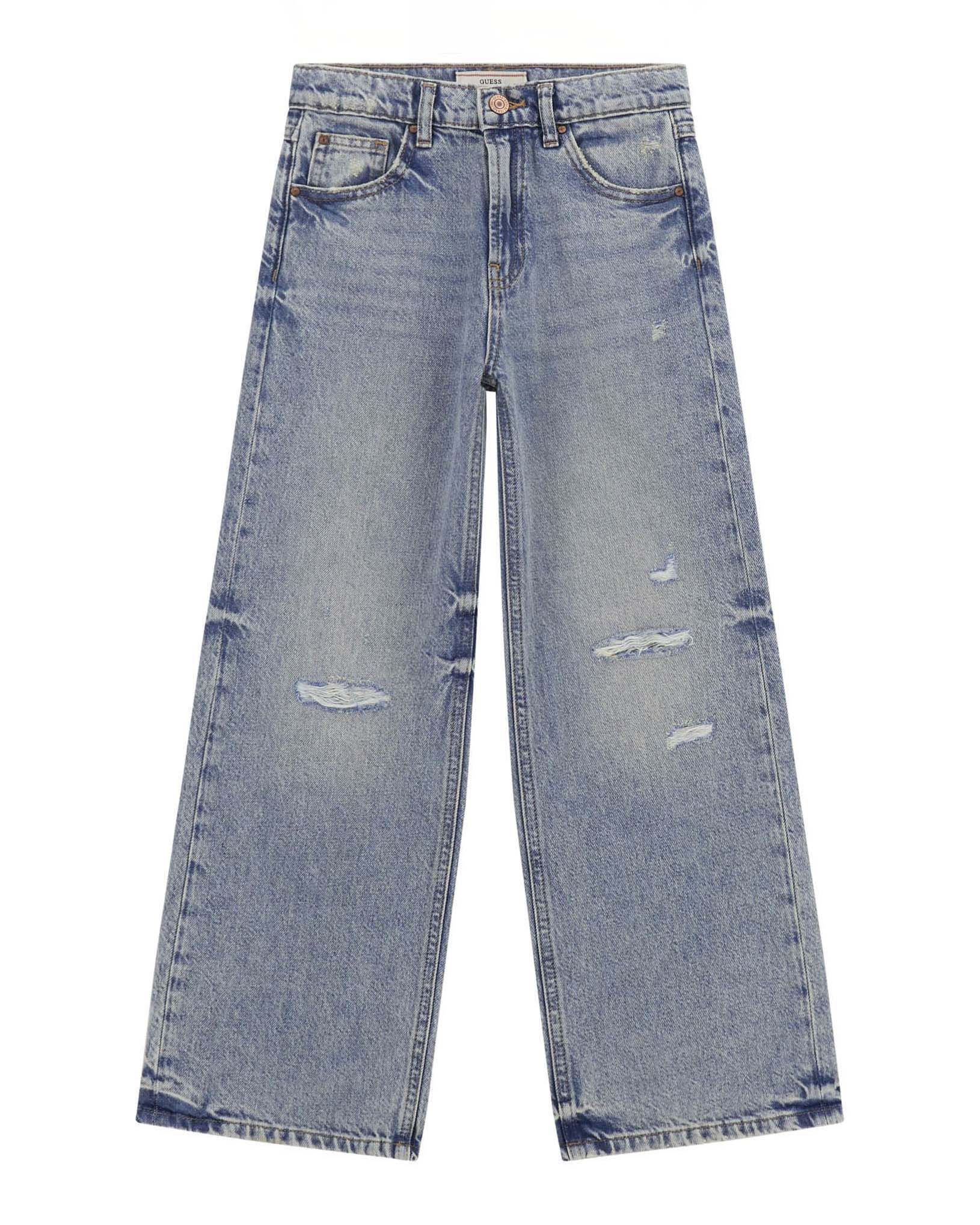 Jeans Guess wide leg lavaggio chiaro scuro in puro cotone con baffature