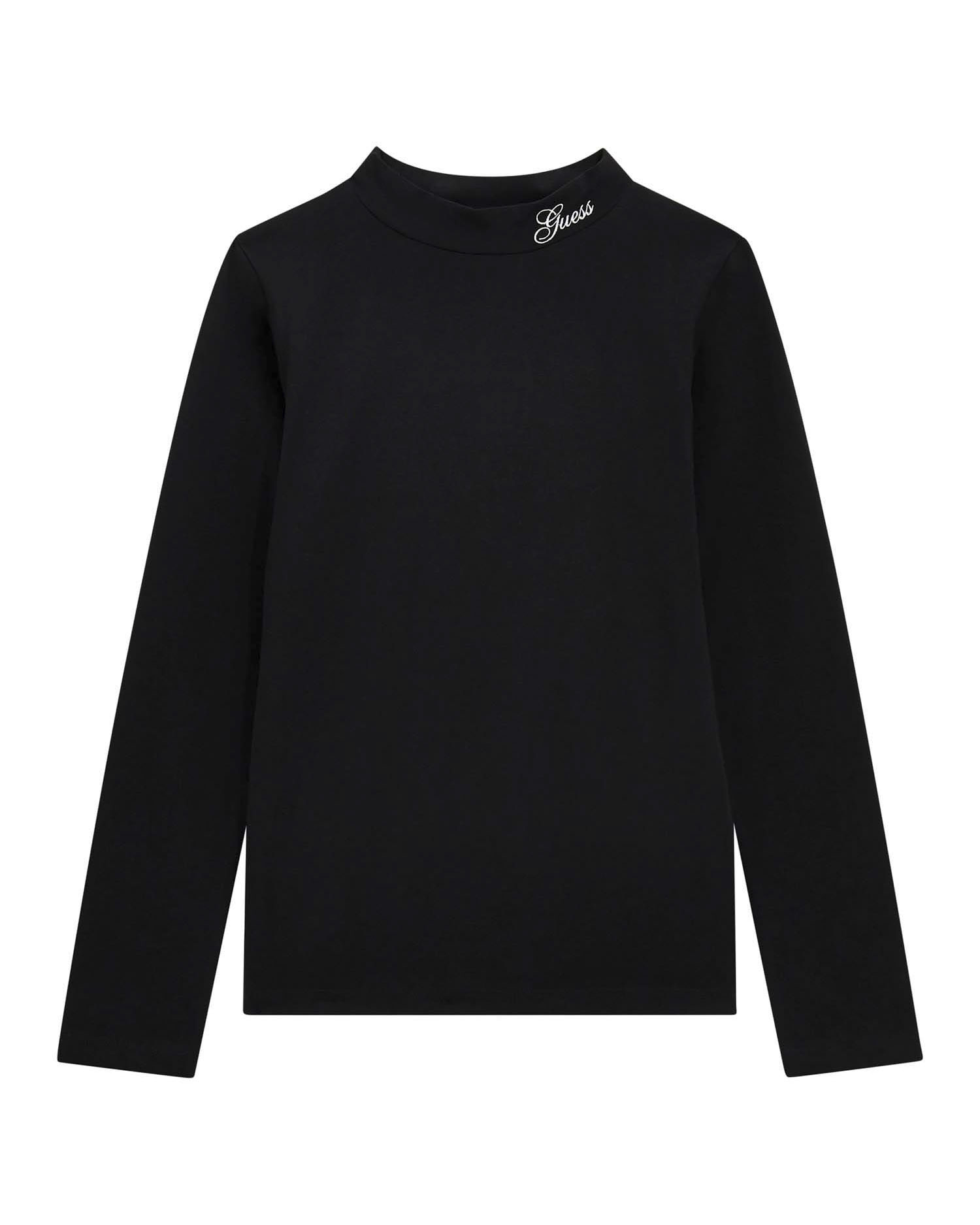 T-shirt lupetto Guess nera in cotone stretch a maniche lunghe con rouches