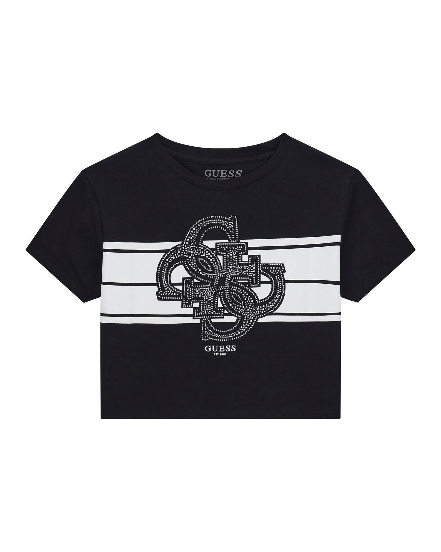 T-shirt cropped nera Guess in cotone stretch a maniche corte con logo glitterato