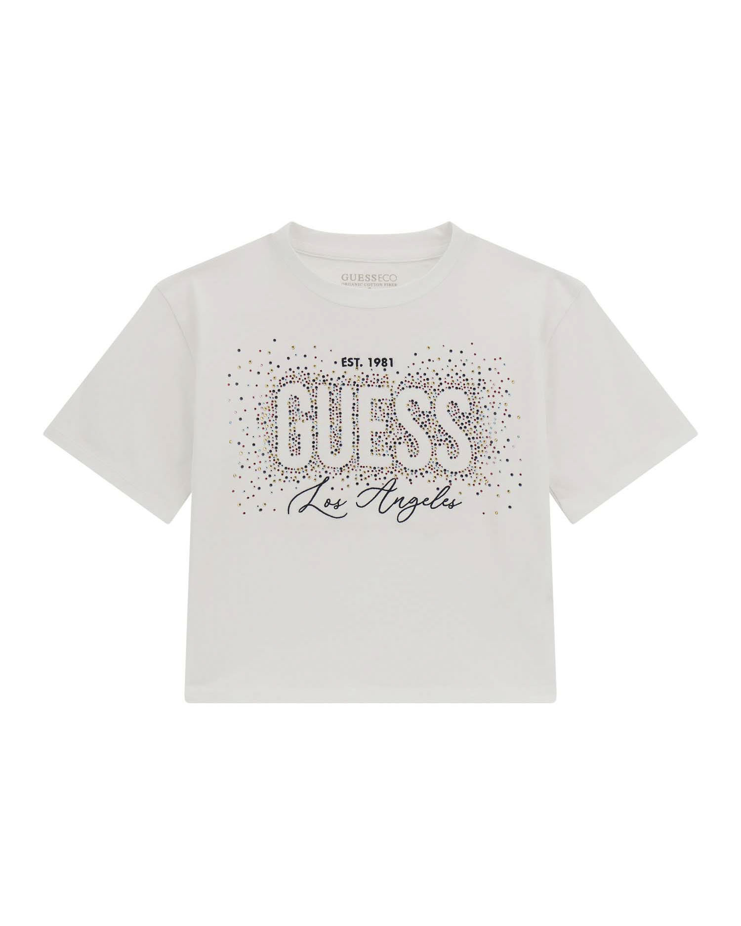 T-shirt cropped bianca Guess in cotone stretch a maniche corte con logo glitterato multicolor