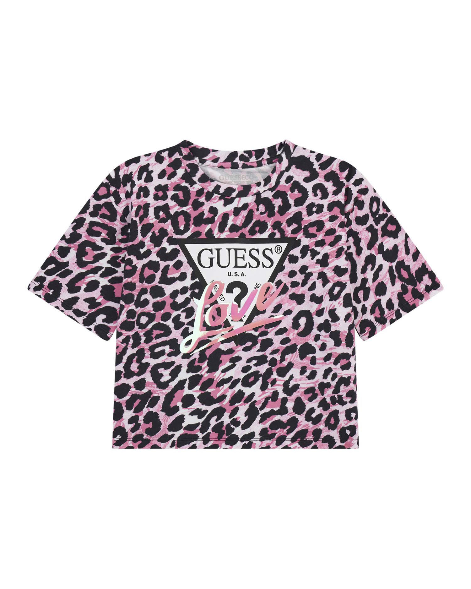 T-shirt cropped rosa Guess in cotone stretch a maniche corte con fantasia maculata