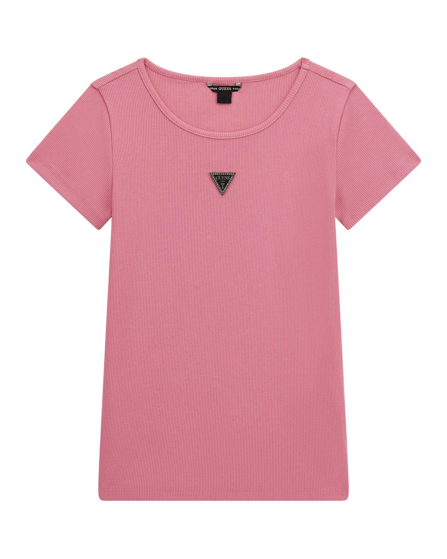 T-shirt Guess rosa a costine in cotone stretch a maniche corte
