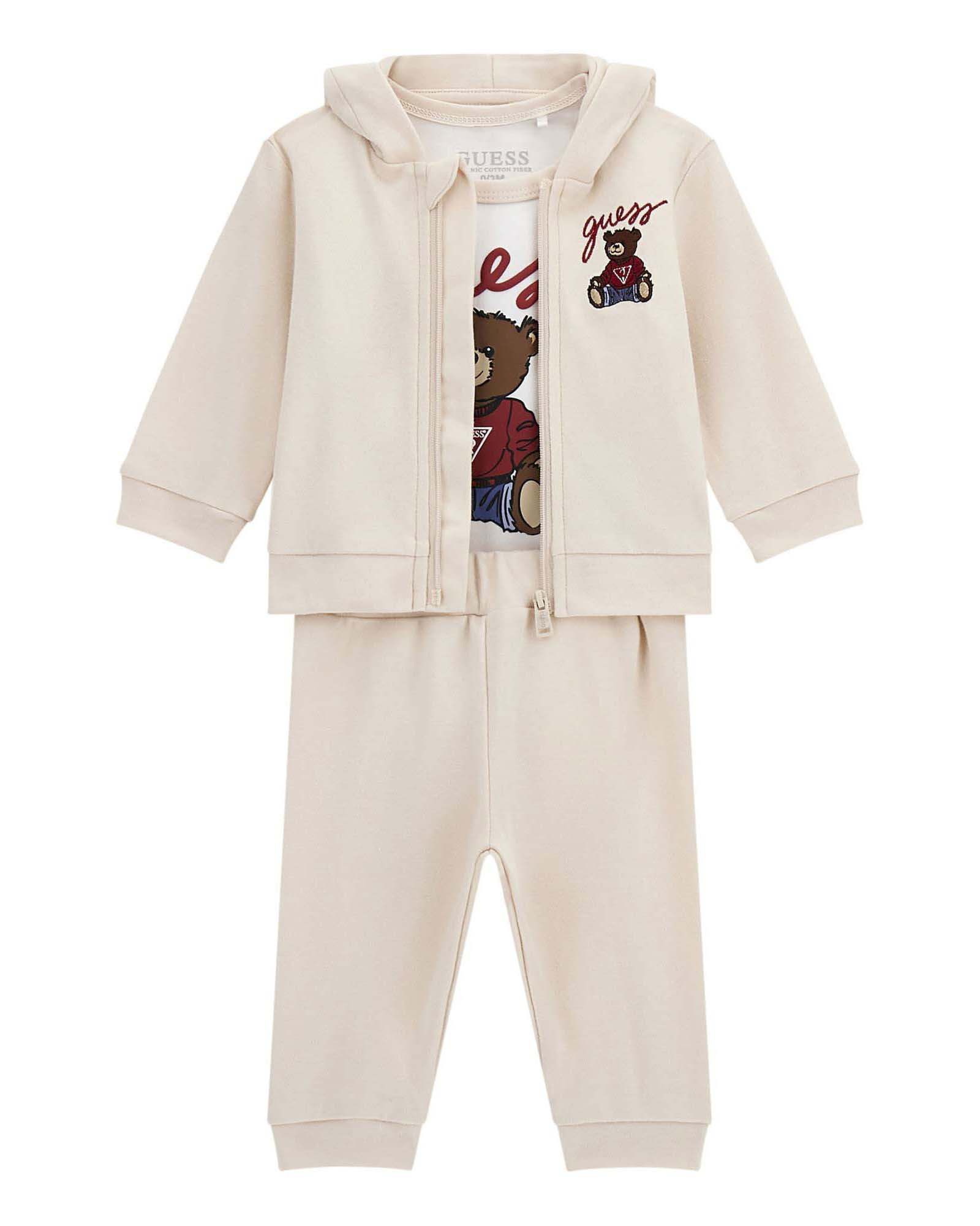 Tuta Guess in puro cotone color panna e body con orsetto