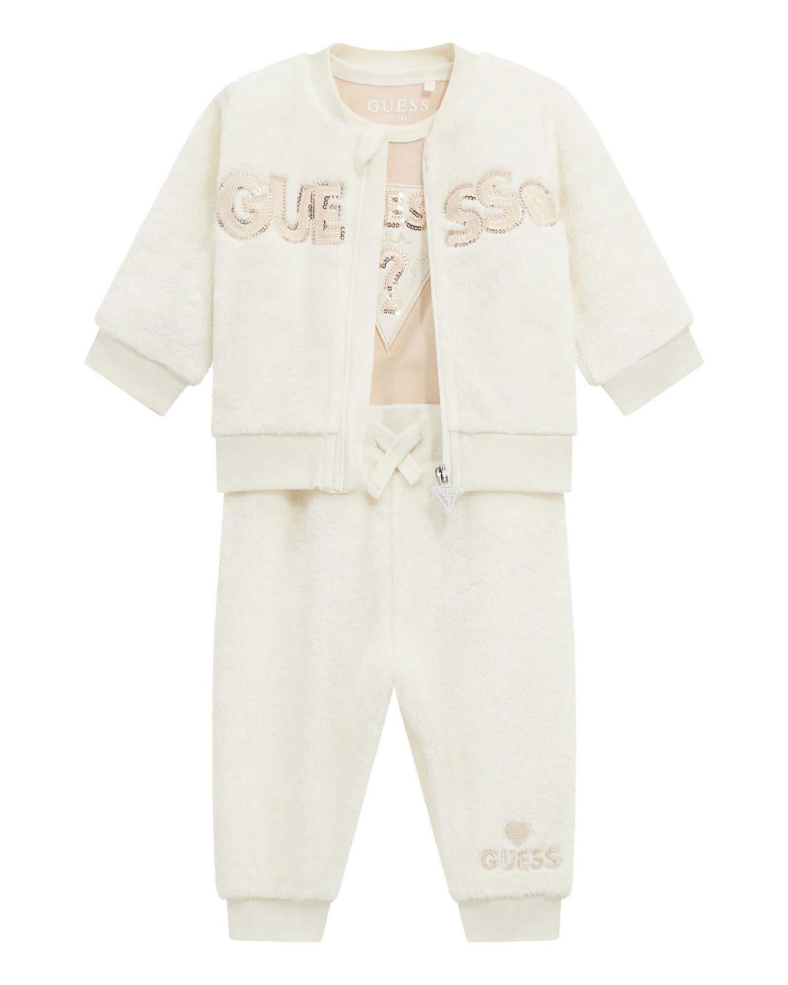 Tuta Guess bianca e rosa in tessuto teddy con body