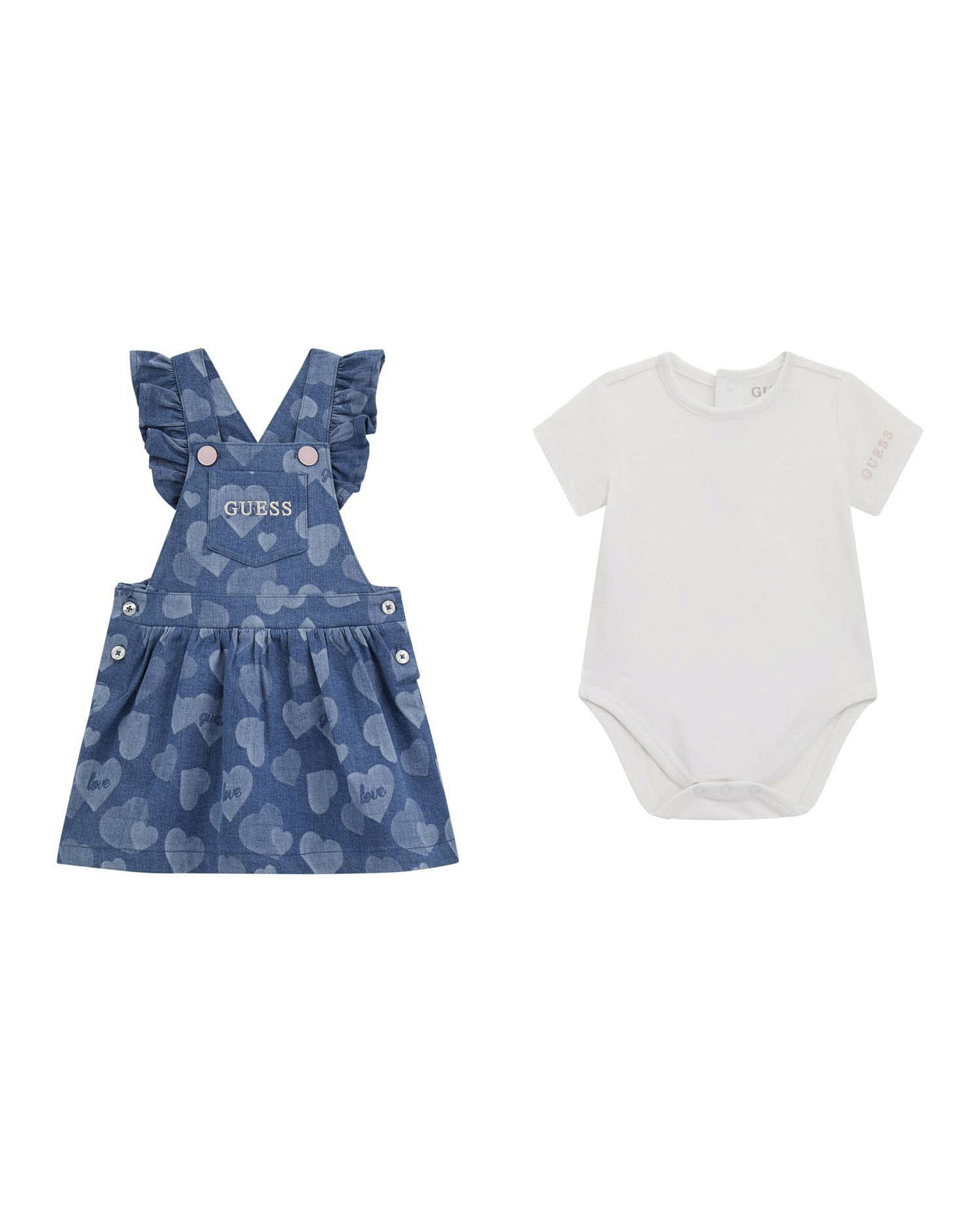 Completo salopette blu e body bianco Guess in cotone stretch