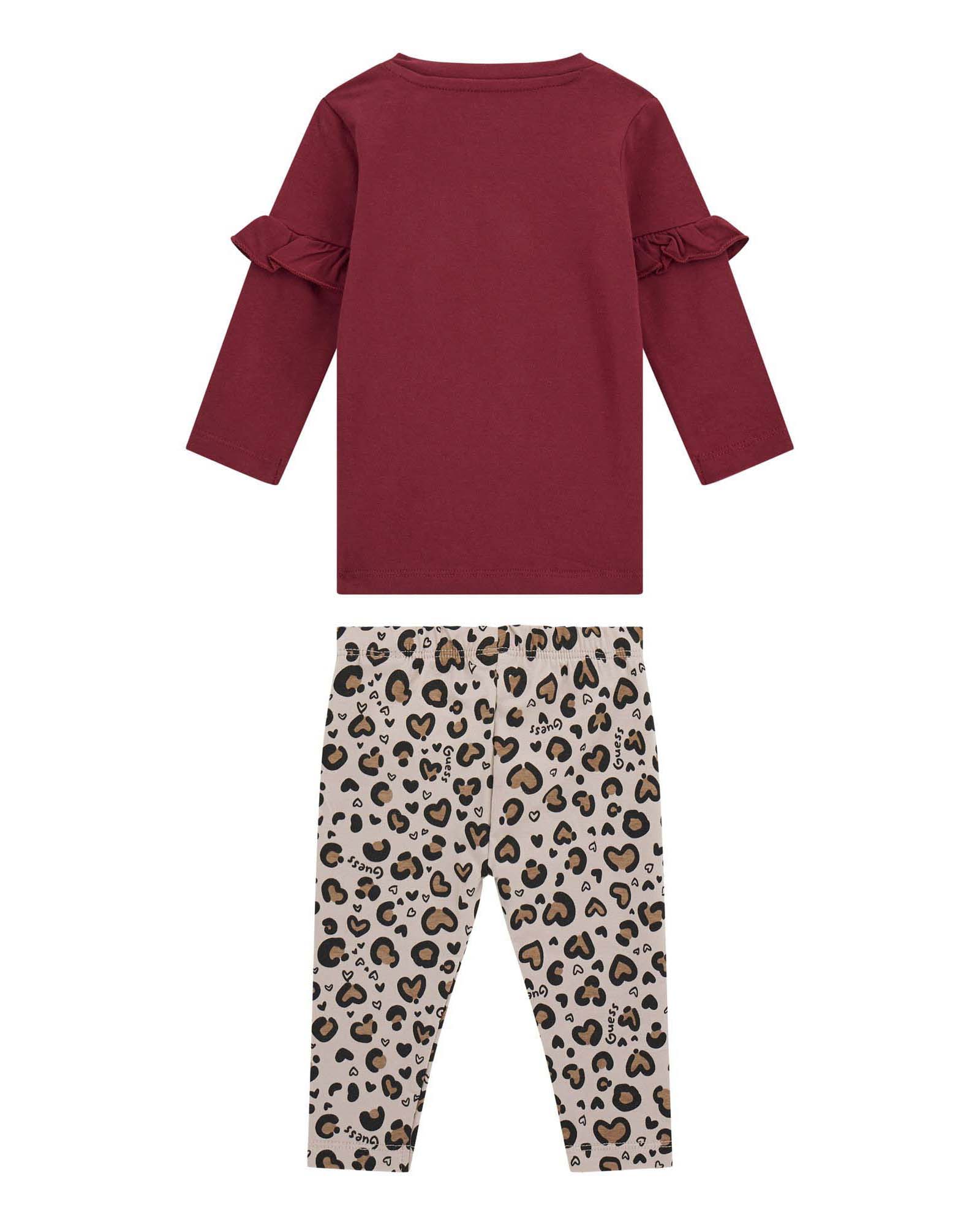 Completo in cotone stretch con maglia rossa e leggins maculato a cuori image