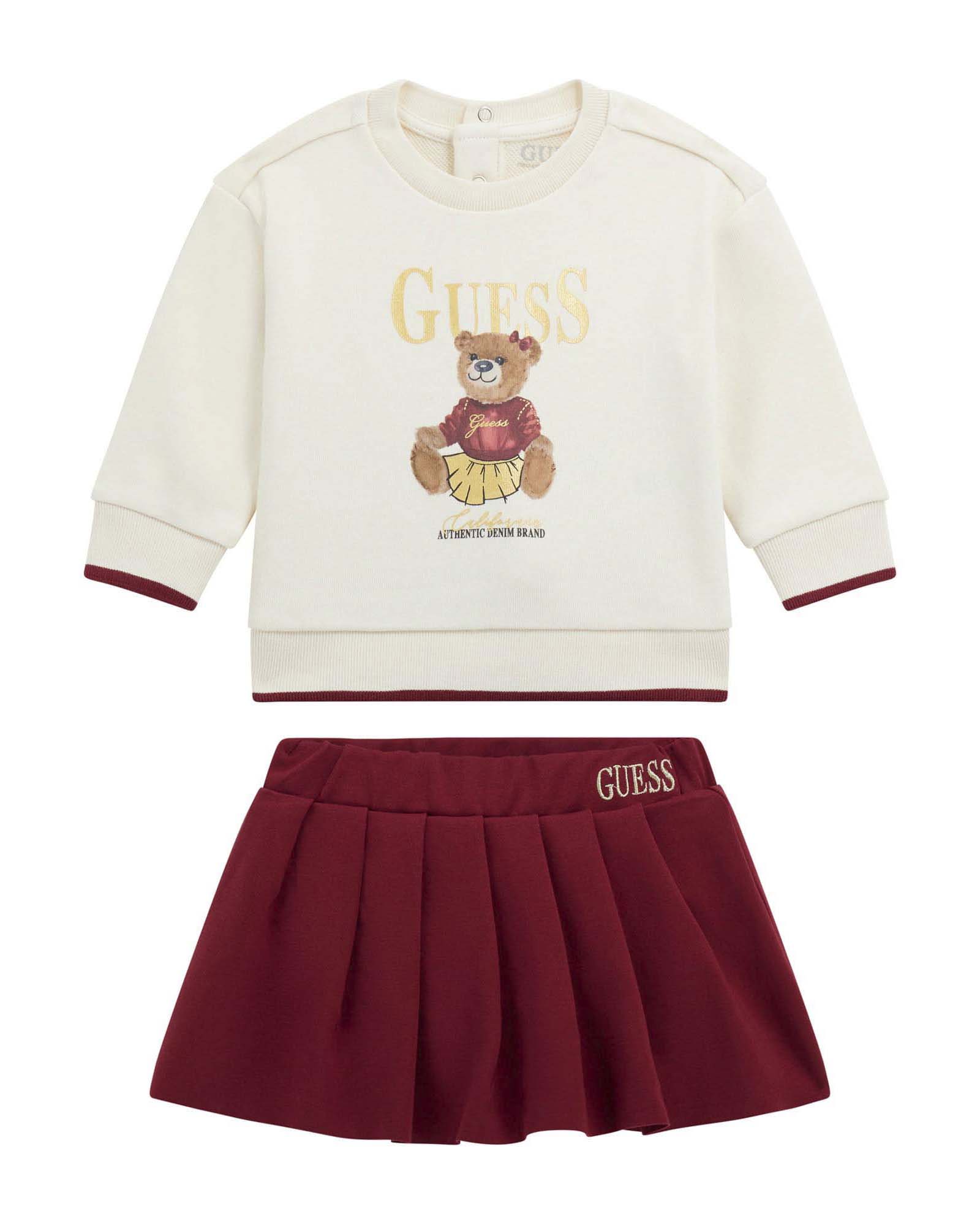 Completo Guess felpa avorio e minigonna bordeaux in puro cotone