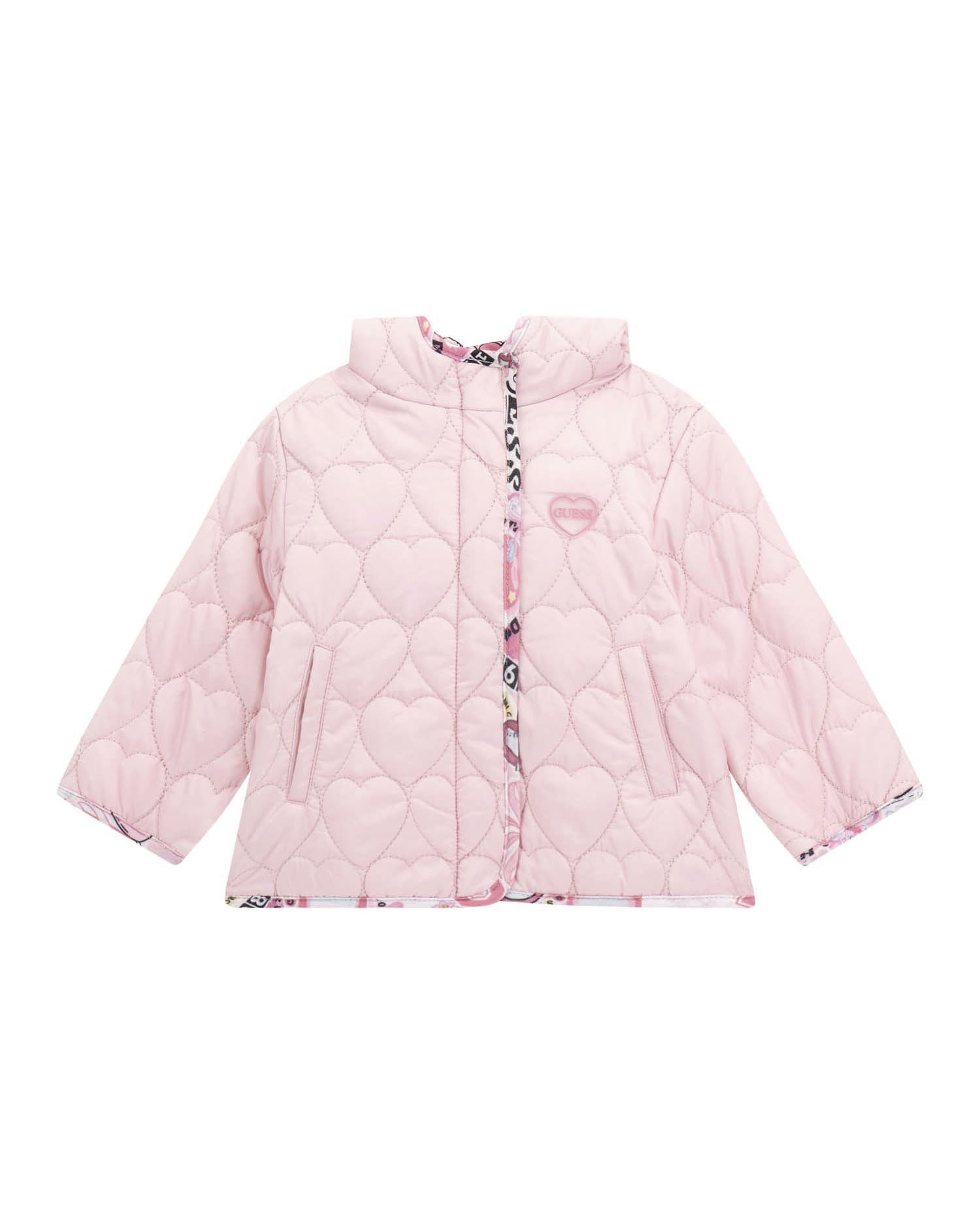 Giacca Guess rosa trapuntata a cuori con cappuccio ad orsetto