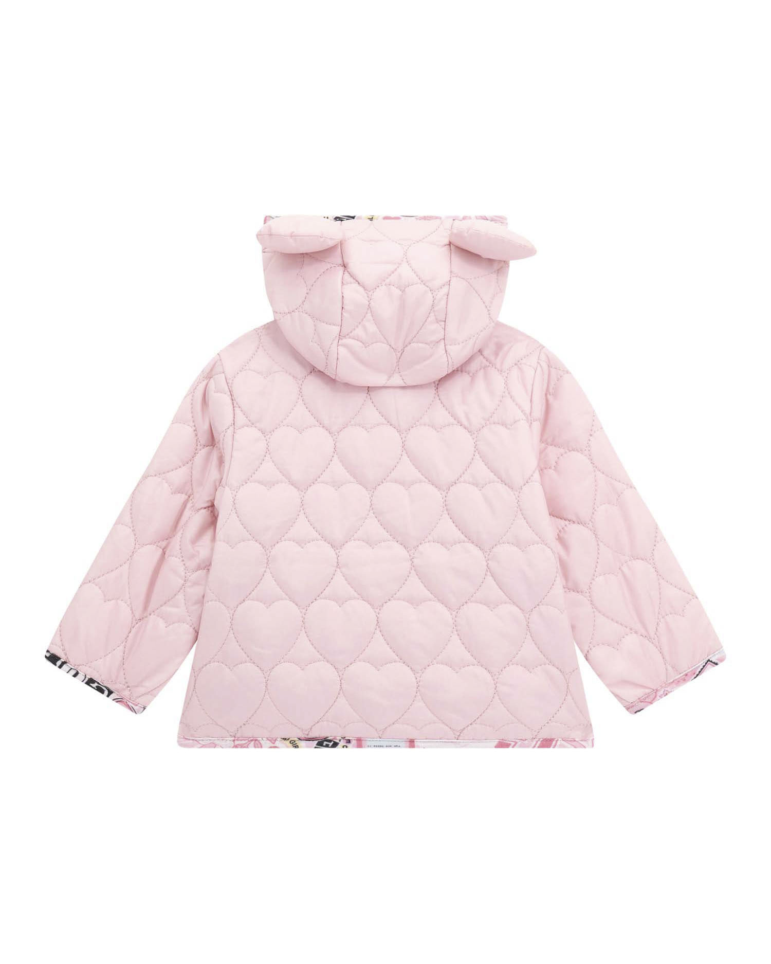 Giacca Guess rosa trapuntata a cuori con cappuccio ad orsetto image