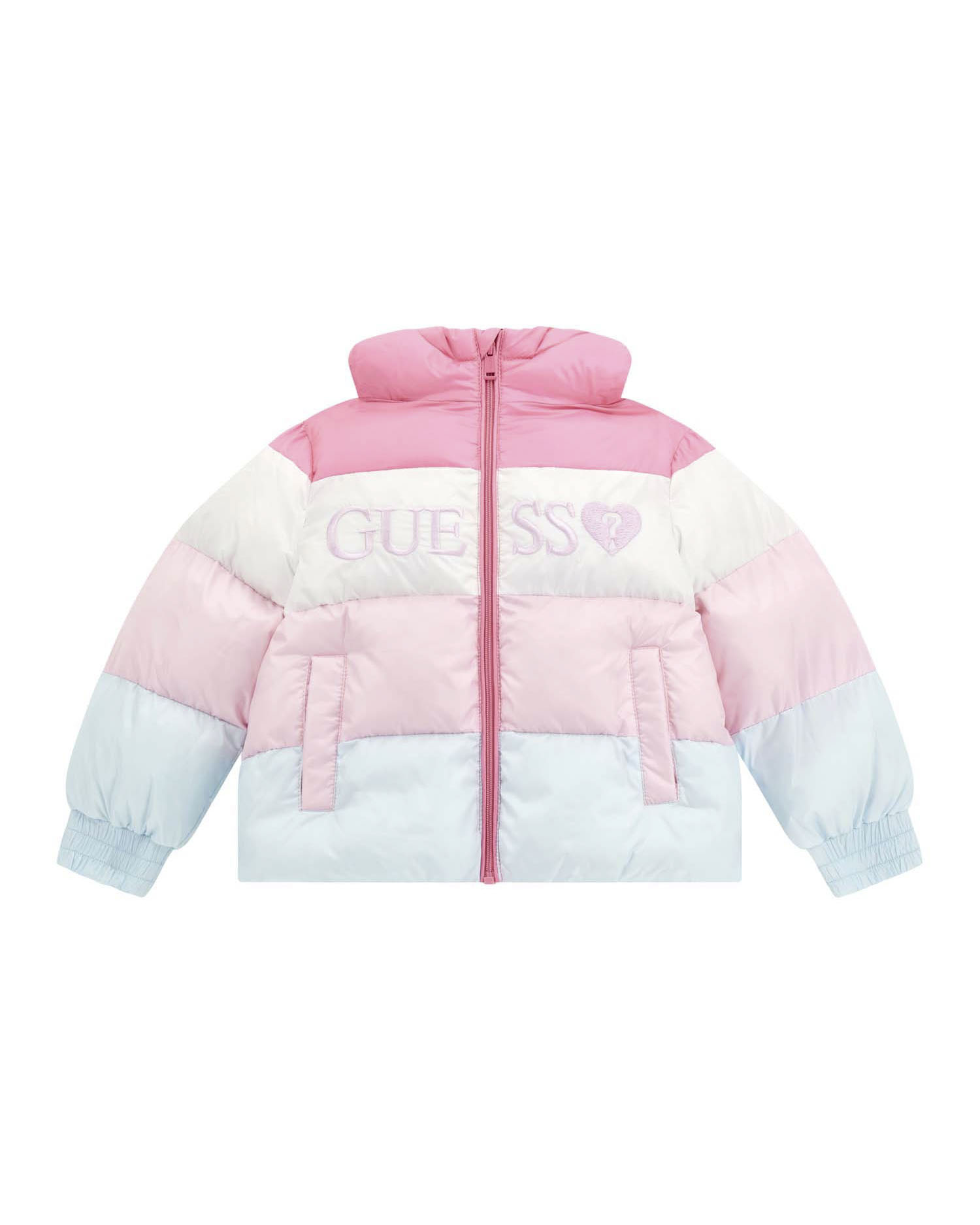 Piumino Guess color block con cappuccio e maxi scritta logo