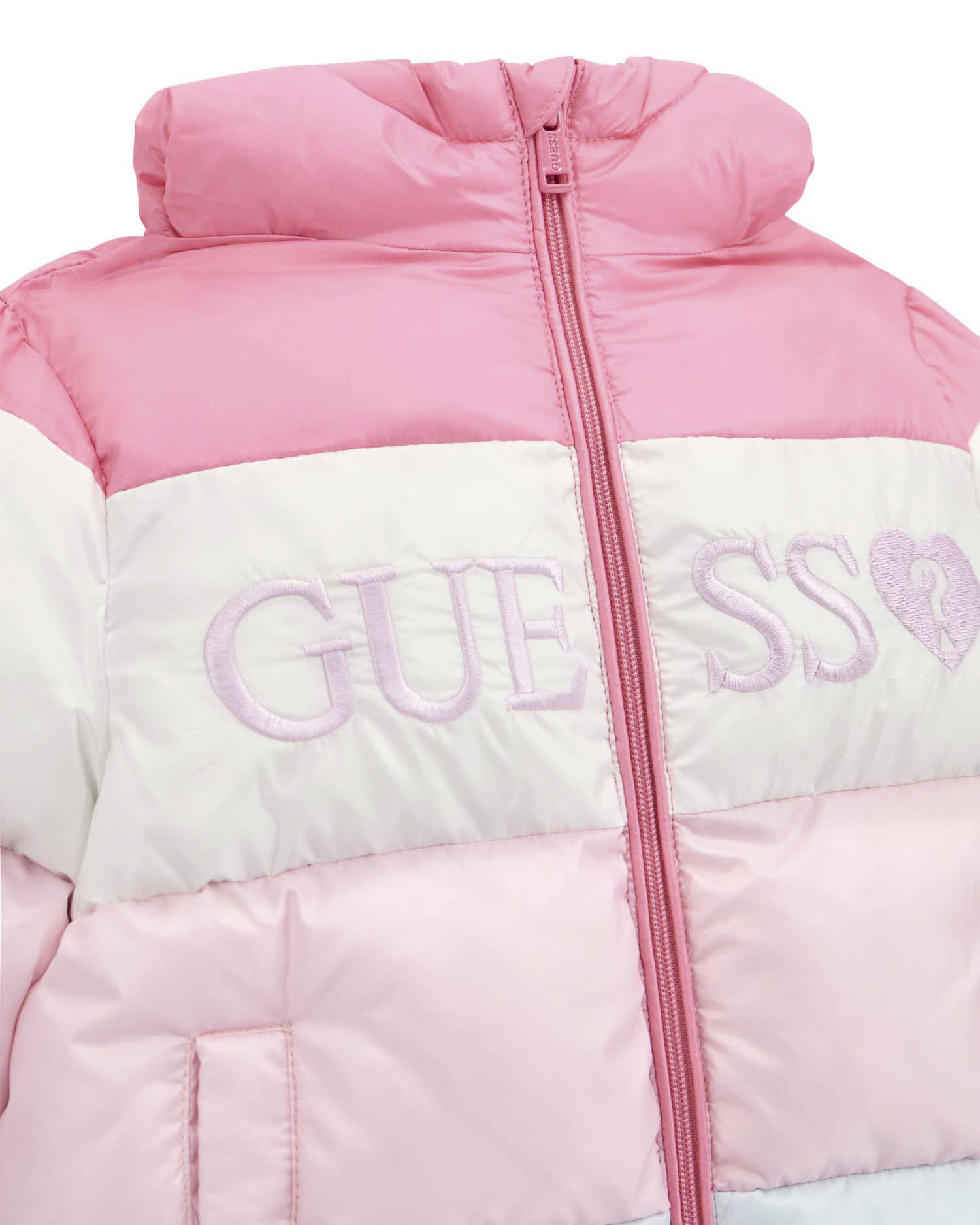 Piumino Guess color block con cappuccio e maxi scritta logo