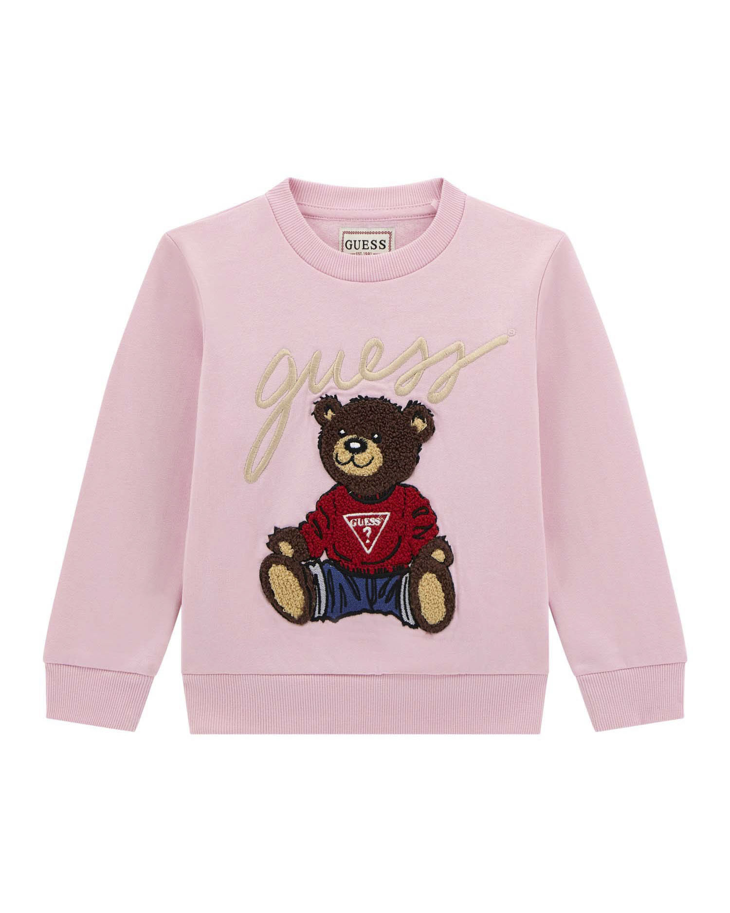 Felpa Guess rosa con orsetto icon e scritta logo in puro cotone