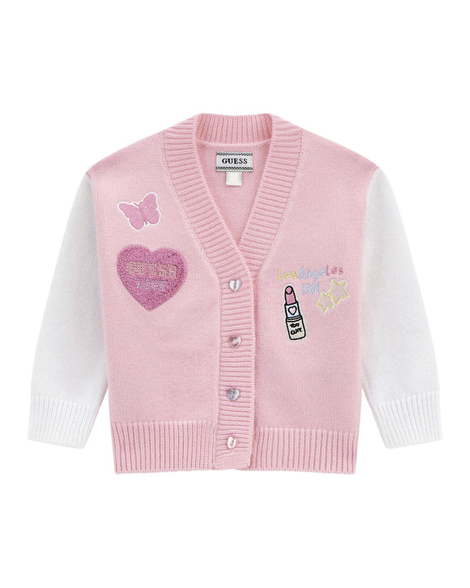 Cardigan Guess in misto viscosa rosa e bianco con patch