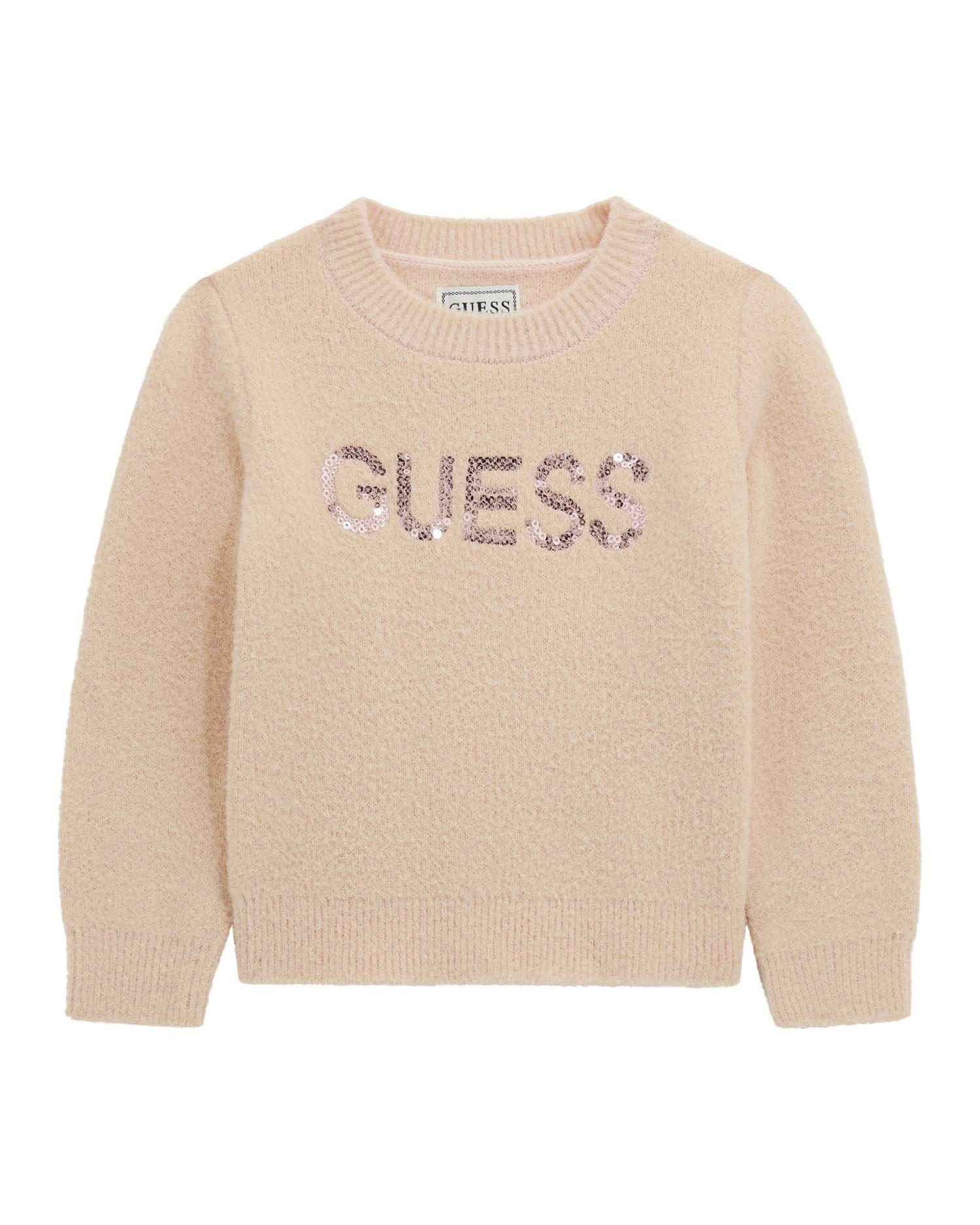 Maglioncino Guess rosa antico in tessuto pelosetto con logo pailettes