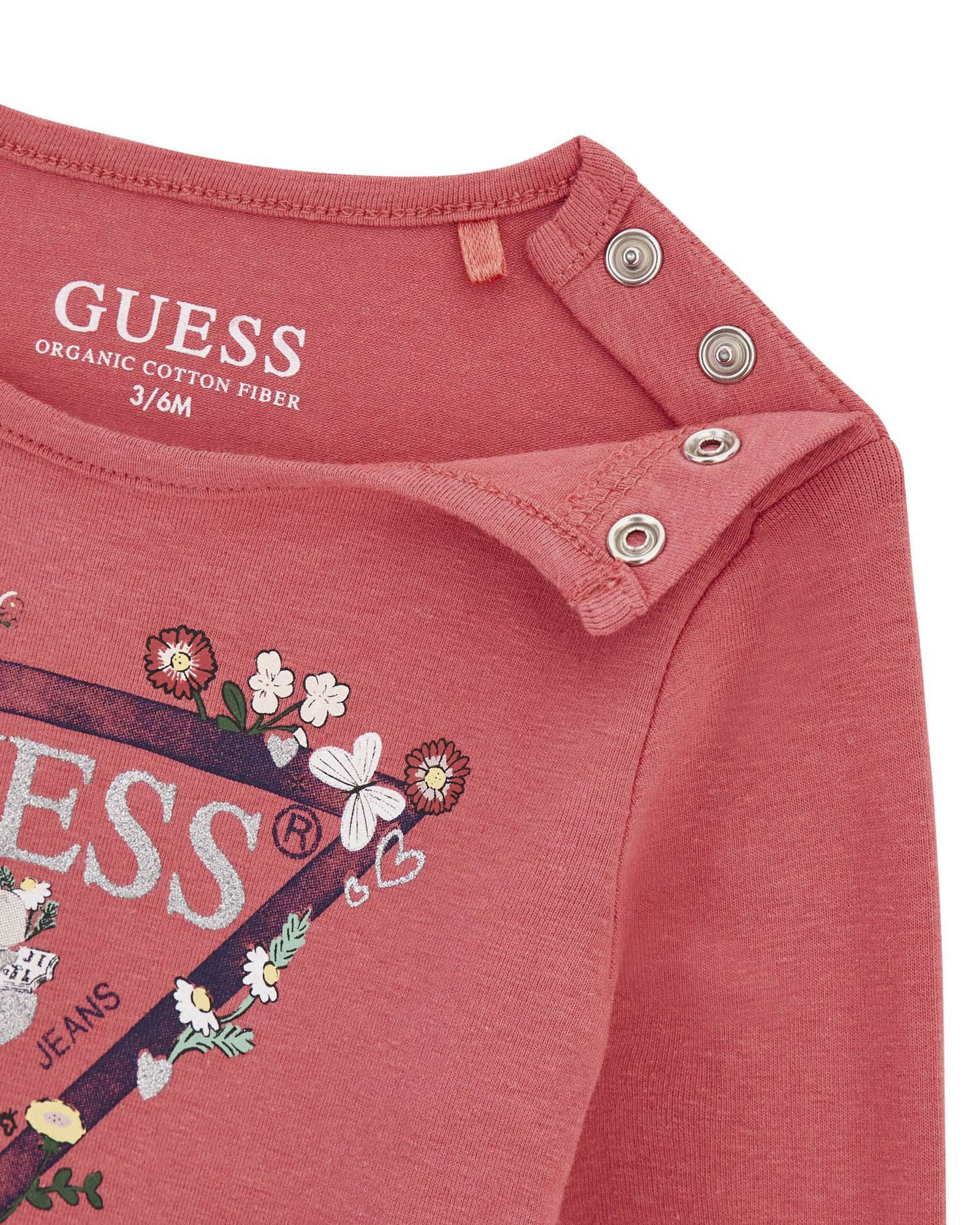 T-shirt Guess in cotone stretch color peonia con logo icon e fiorellini