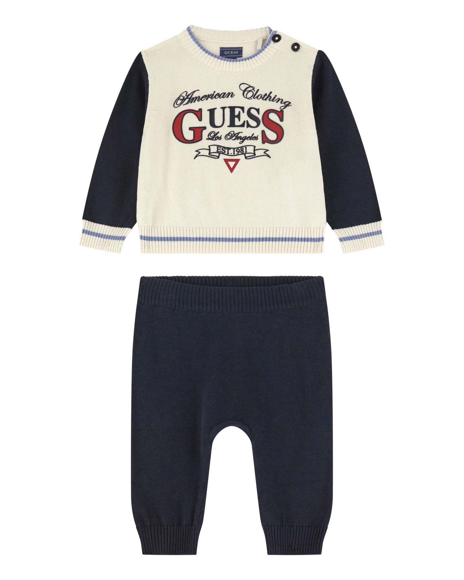 Completo Guess maglia avorio e blu e jogger blu in maglia tircot puro cotone