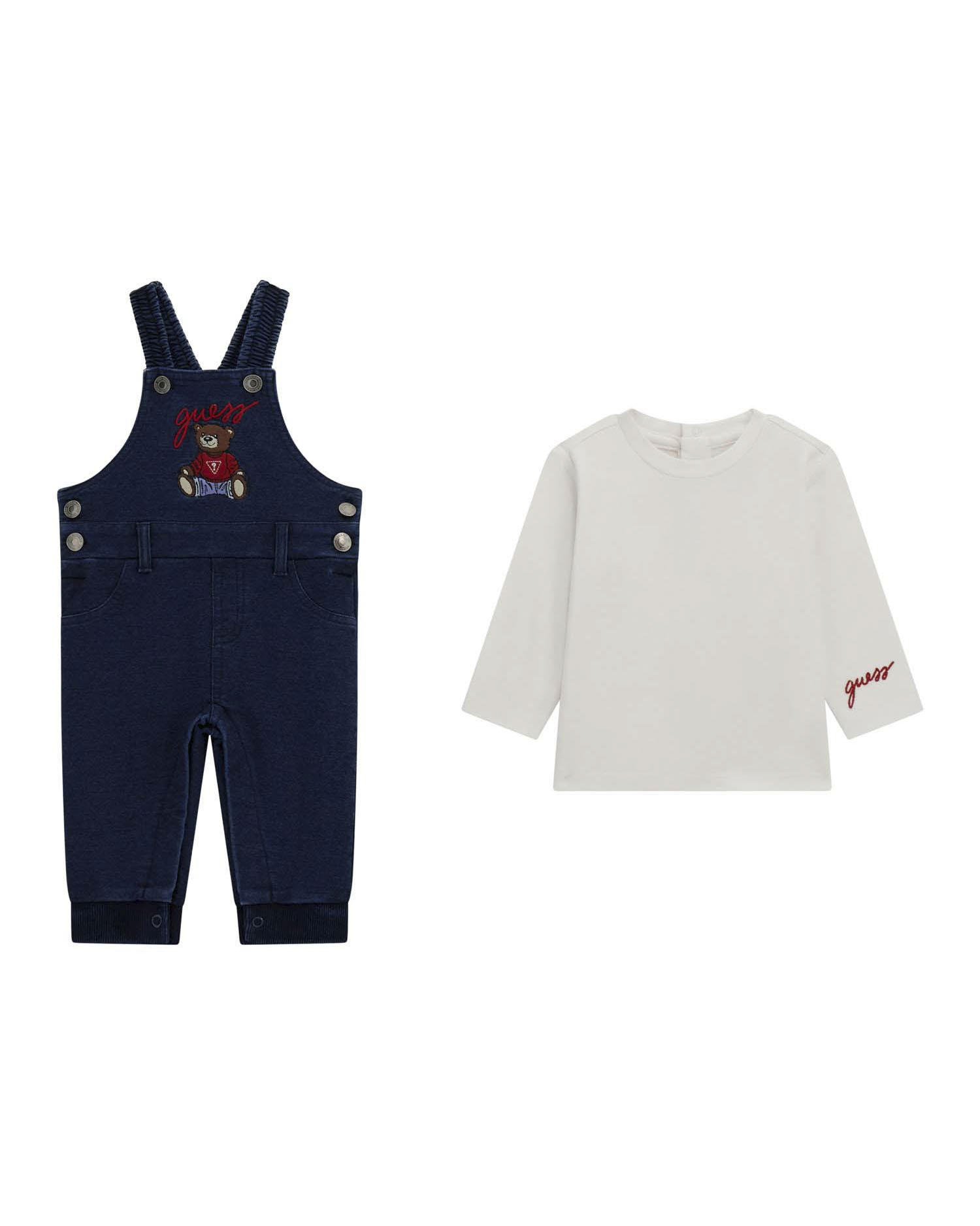 Salopette Guess in cotone stretch blu e maglia bianca a maniche lunghe image