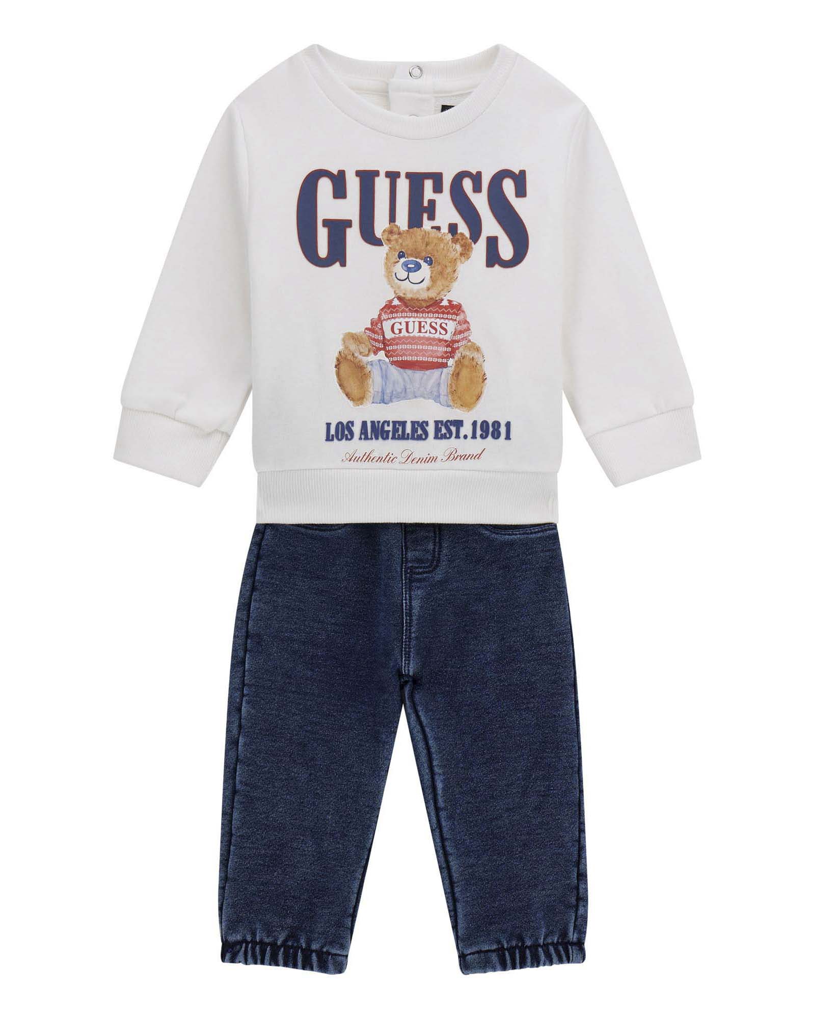 Completo Guess felpa bianca e jogger verde in puro cotone