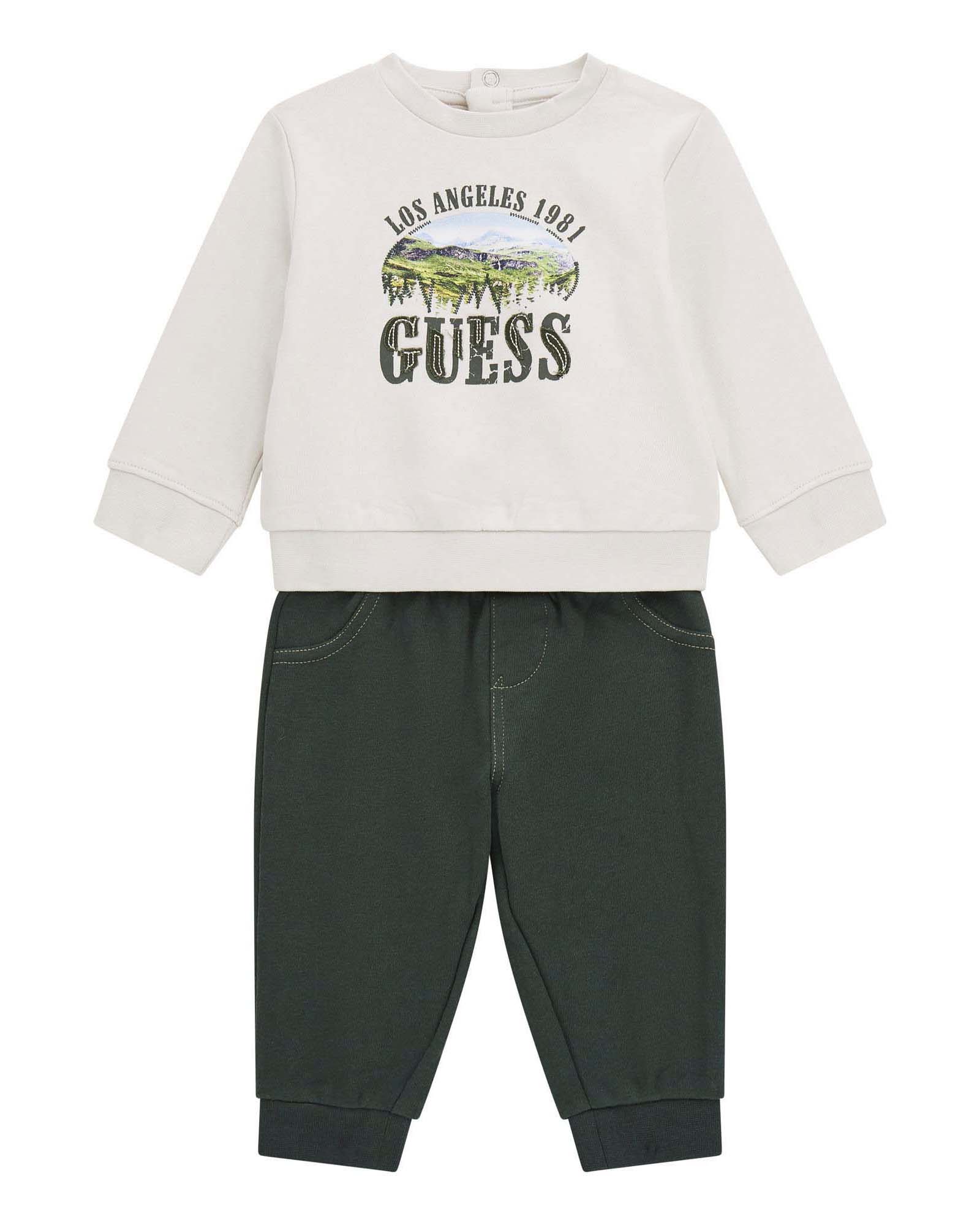 Completo Guess felpa beige e jogger verde in puro cotone