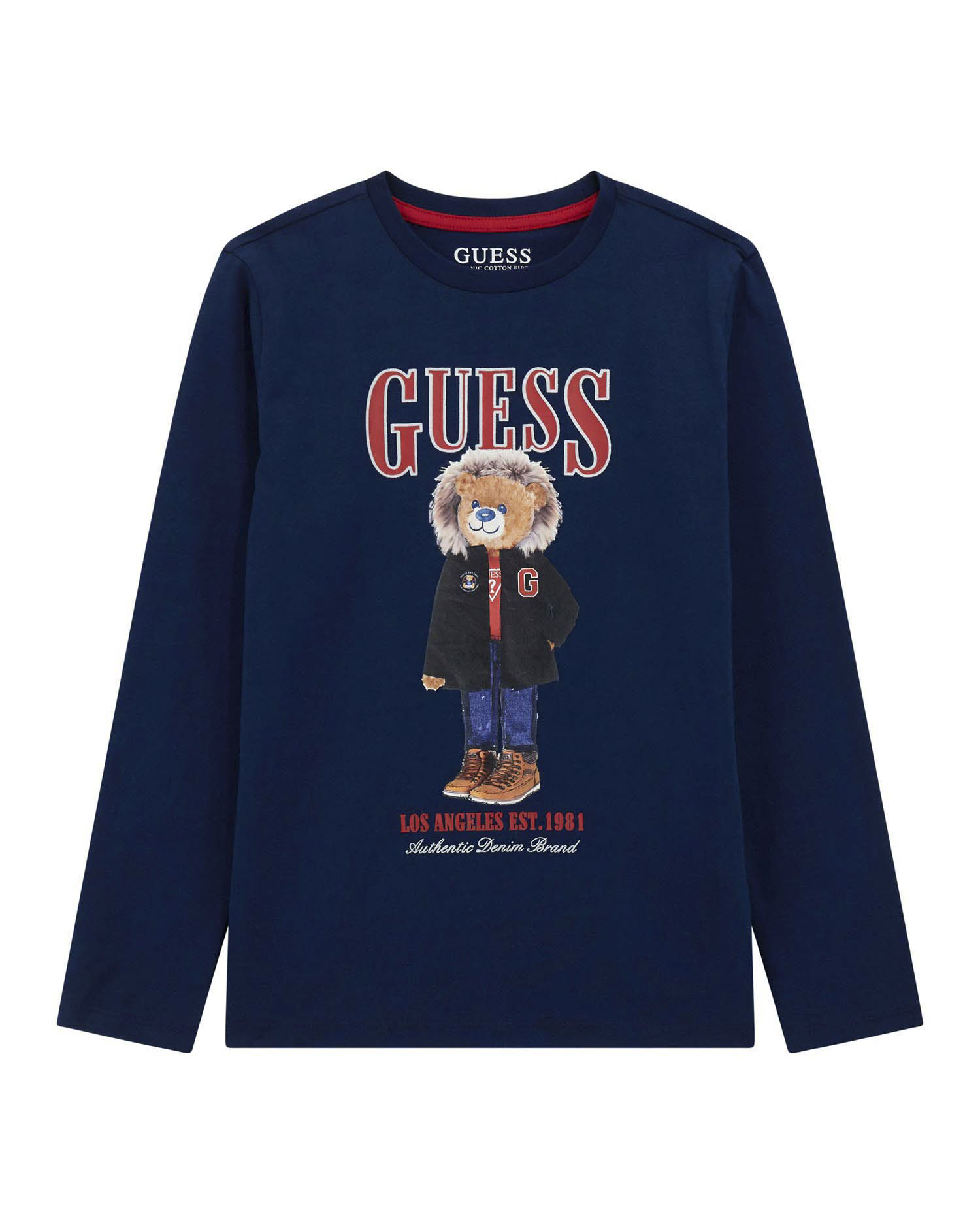 T-shirt Guess blu a manica lunga in puro cotone con orsetto e scritta logo