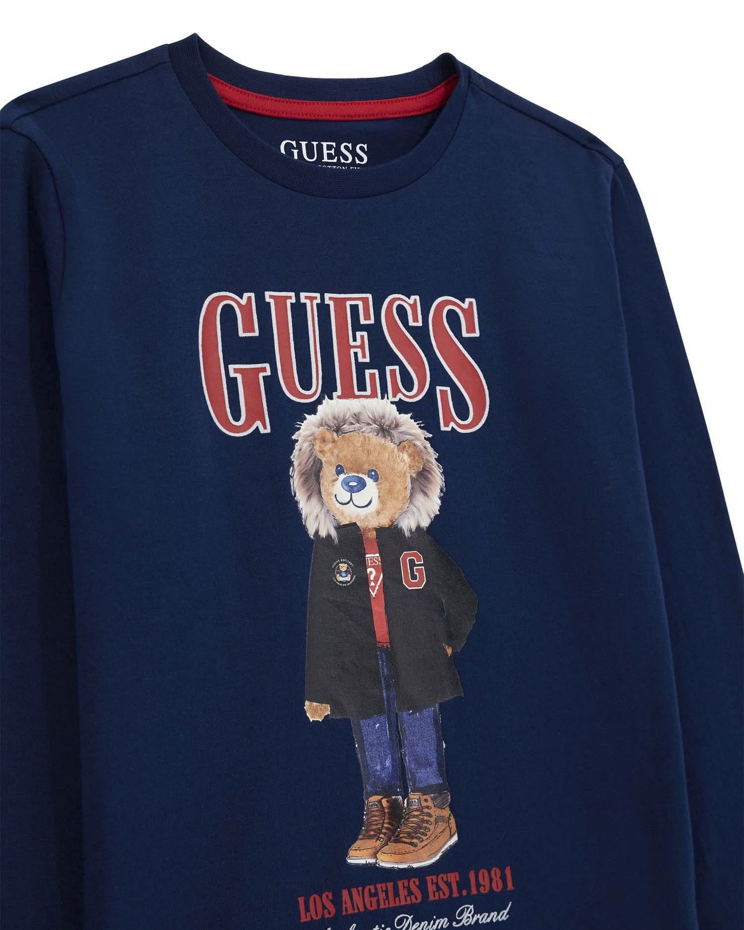 T-shirt Guess blu a manica lunga in puro cotone con orsetto e scritta logo