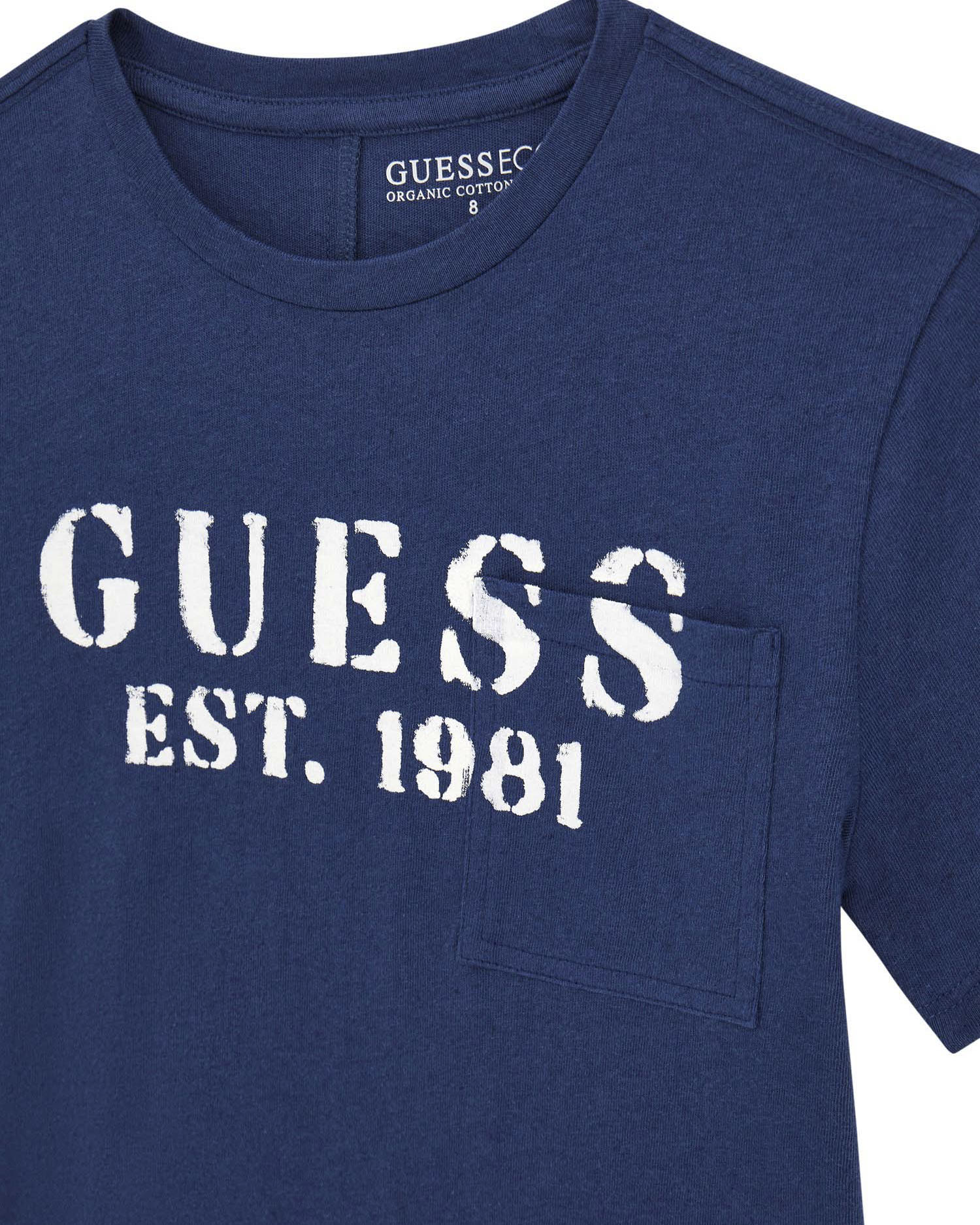 T-shirt Guess blu mezza manica in puro cotone con scritta logo bianca e taschino