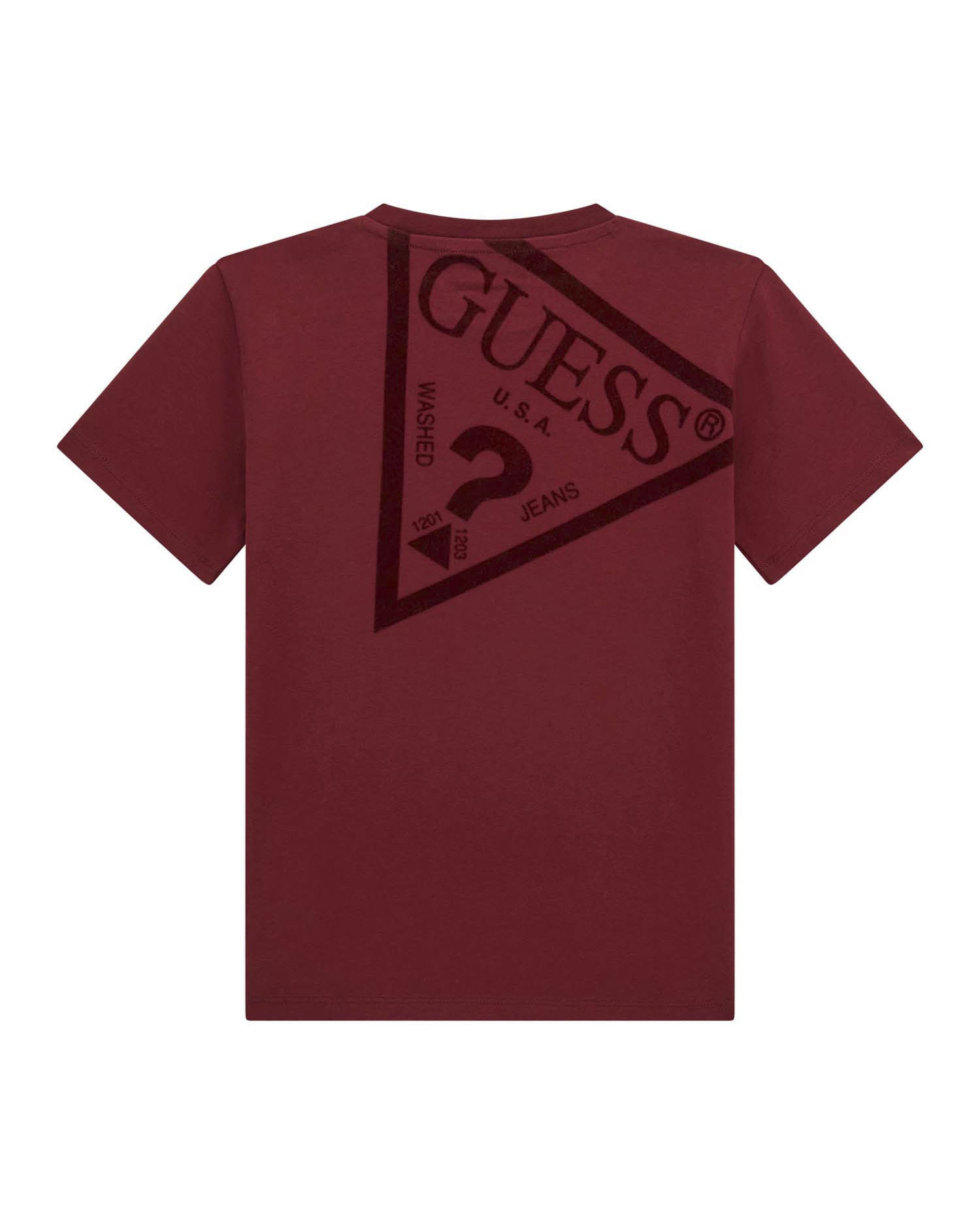 T-shirt Guess bordeaux mezza manica in puro cotone con maxi triangolo logo sul retro
