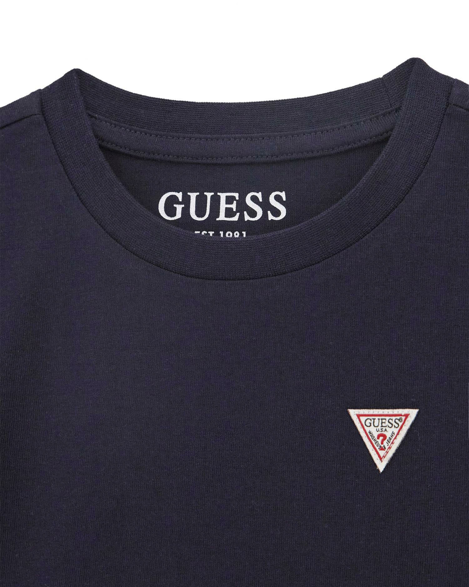 T-shirt Guess blu mezza manica con mini trangolo logo icon bianco