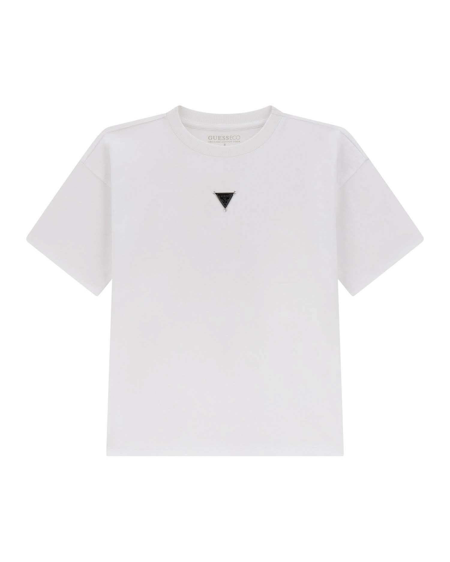 T-shirt Guess bianca mezza manica in puro cotone con placca logo