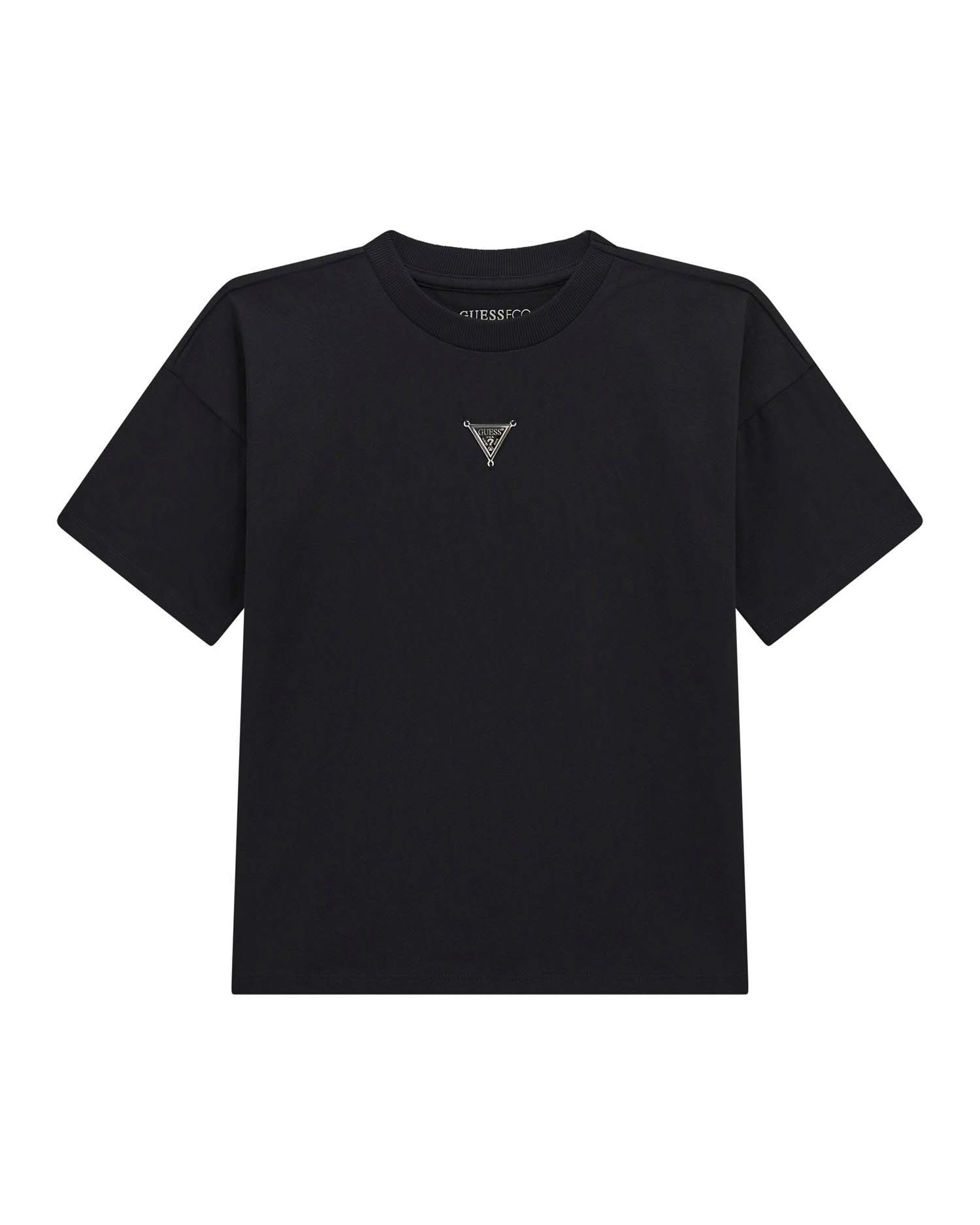 T-shirt Guess nera mezza manica in puro cotone con placca logo