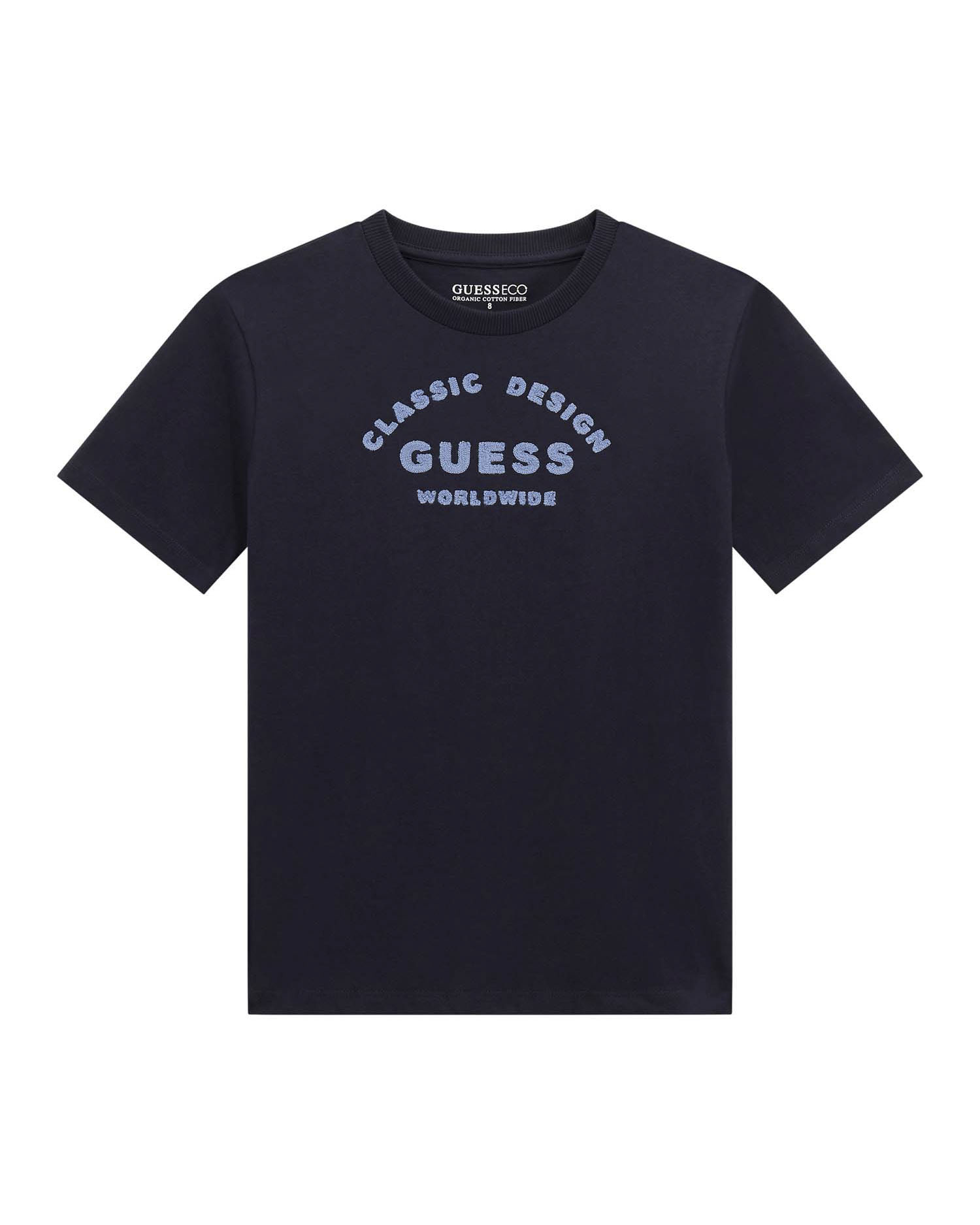T-shirt Guess blu mezza manica in puro cotone con scritta azzurra