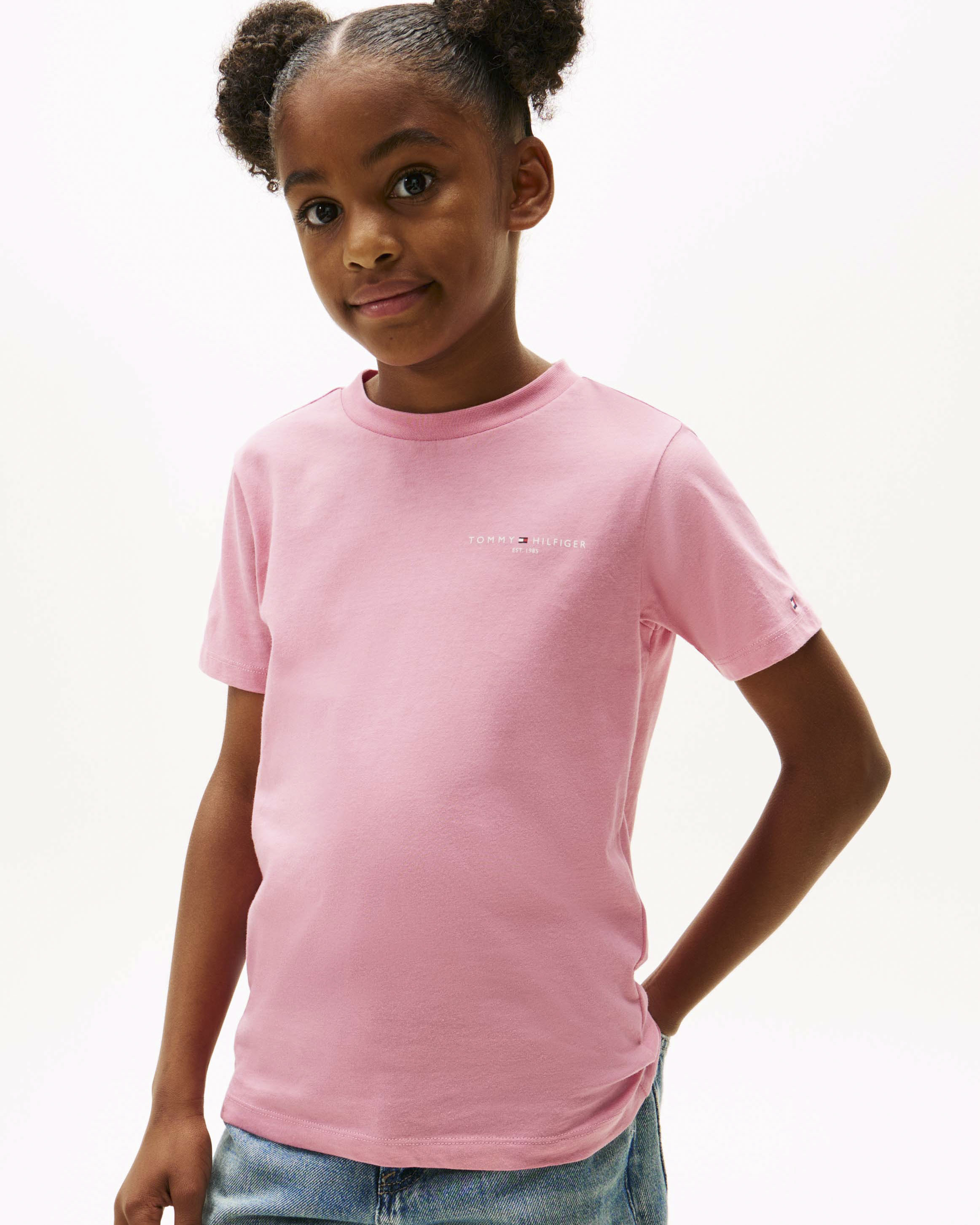 T-shirt Tommy Hilfiger rosa in puro cotone a maniche corte con logo bianco image