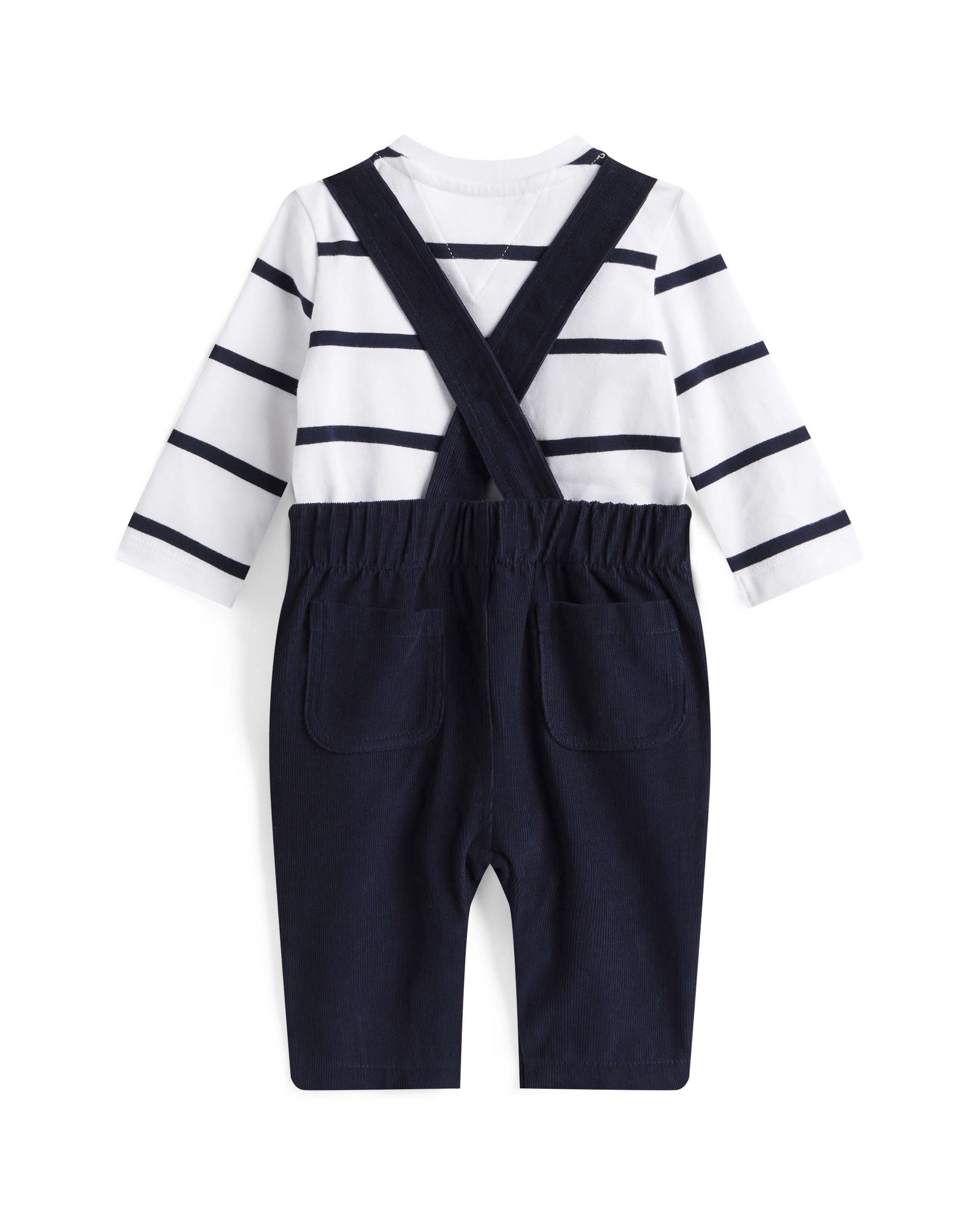 Completo Tommy Hilfiger salopette e maglia a righe blu e bianca image