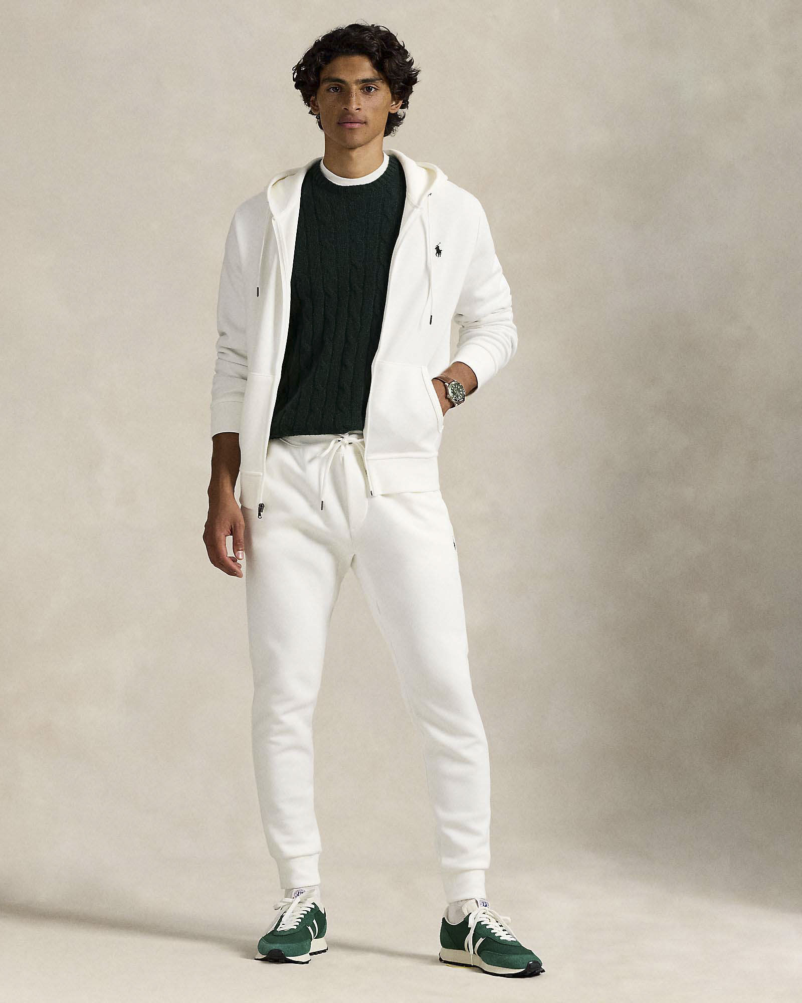 Felpa Polo Ralph Lauren bianca in interlock di cotone con cappuccio e chiusura zip