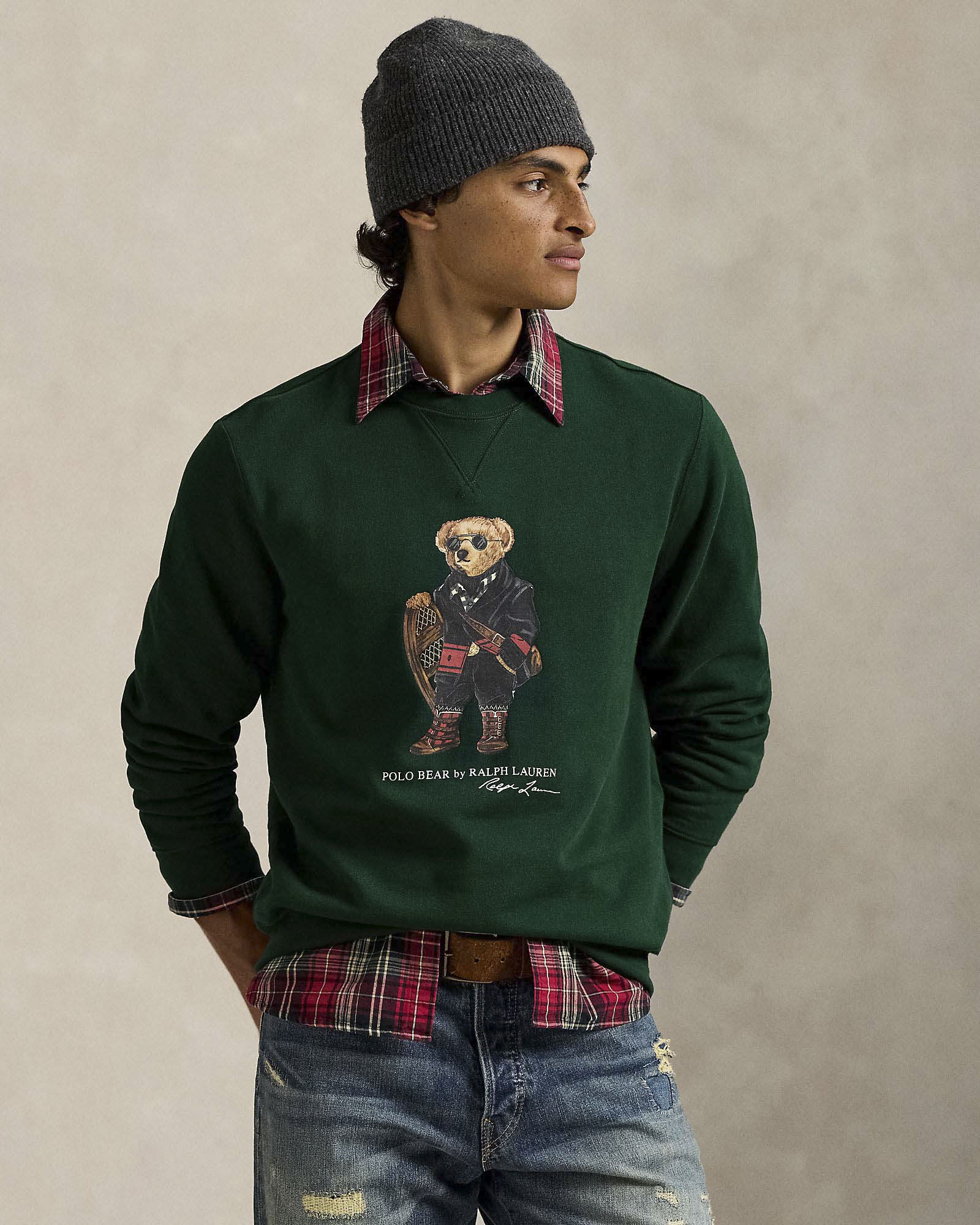 Felpa girocollo Polo Ralph Lauren verde in cotone con maxi stampa Polo Bear frontale