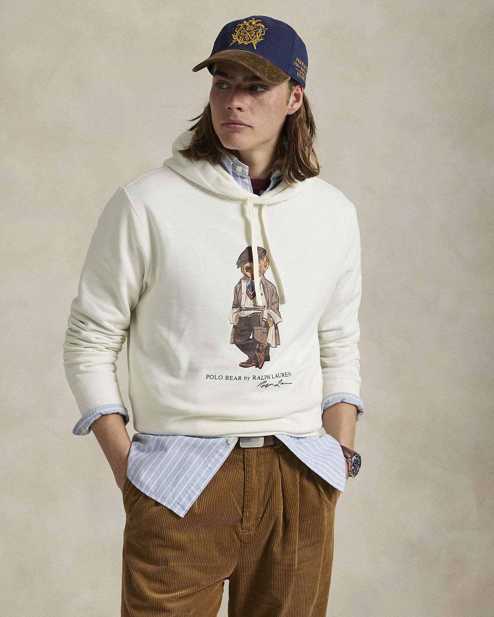 Felpa bianca Polo Ralph Lauren in cotone con cappuccio e maxi stampa Polo Bear frontale image