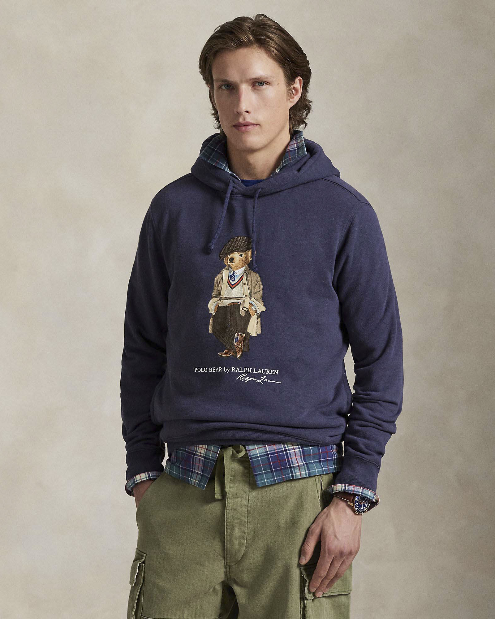Felpa blu Polo Ralph Lauren in cotone con cappuccio e maxi stampa Polo Bear frontale image
