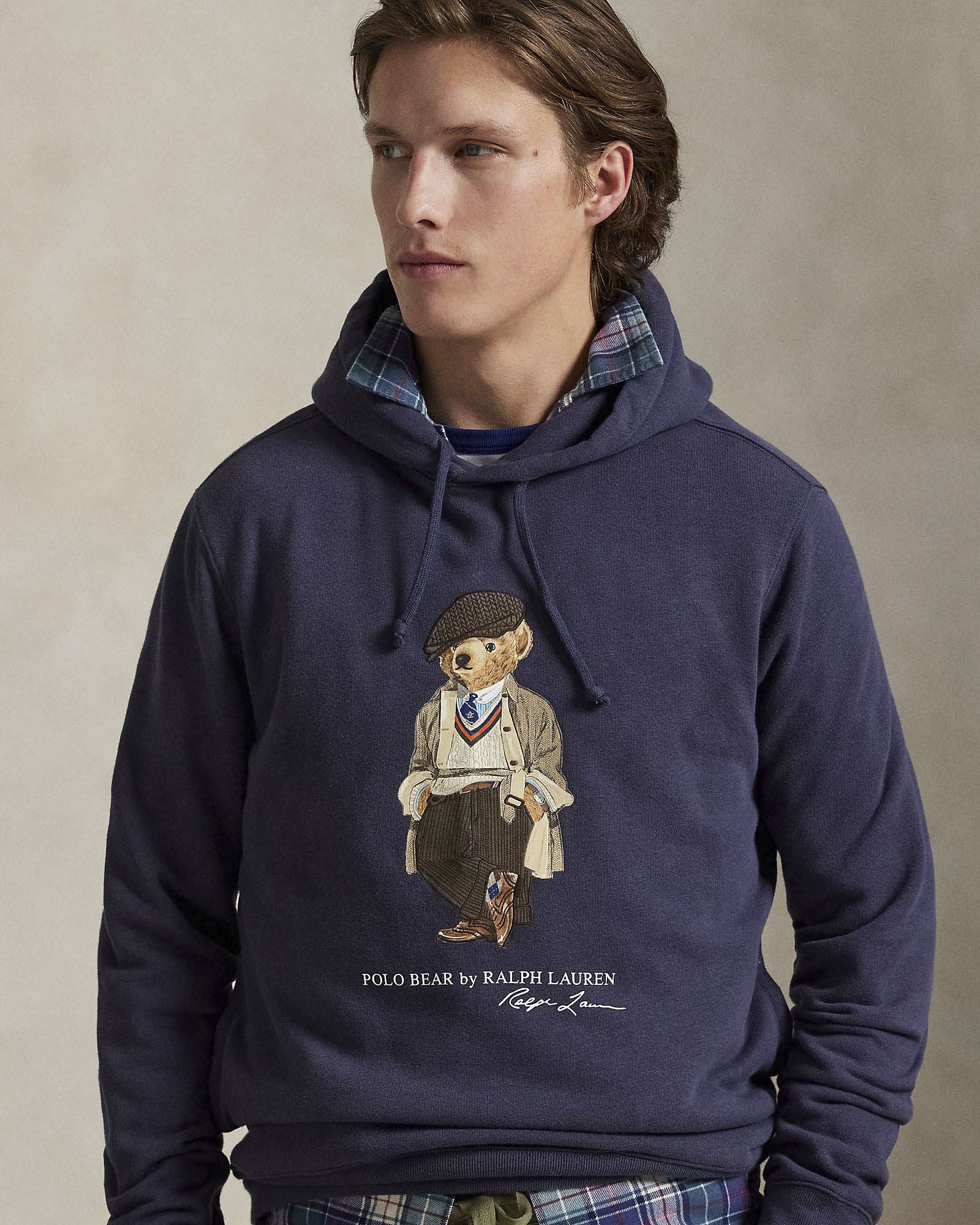 Felpa blu Polo Ralph Lauren in cotone con cappuccio e maxi stampa Polo Bear frontale