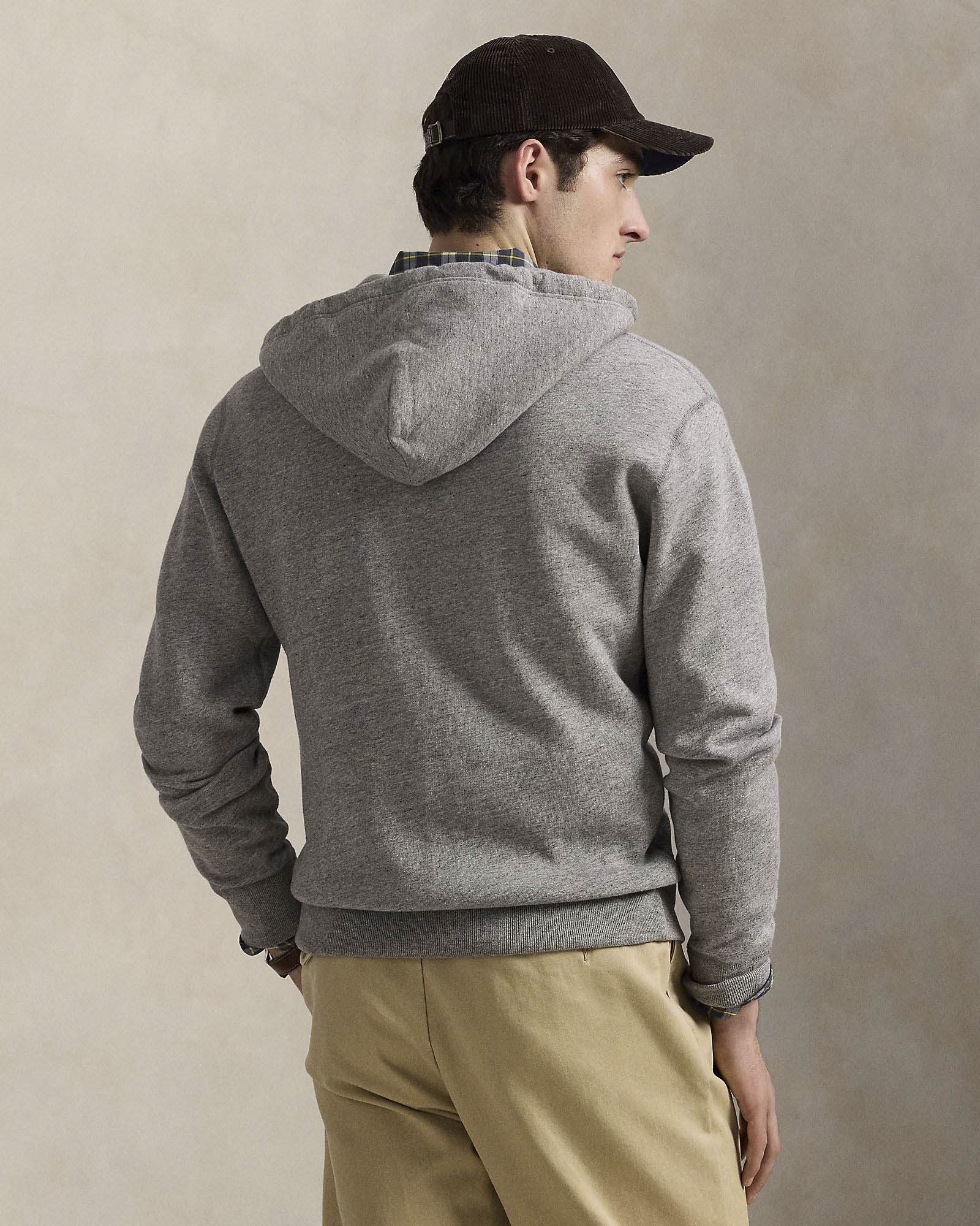 Felpa Polo Ralph Lauren grigia in cotone con cappuccio chiusura zip e scritta 'POLO' in spugna davanti