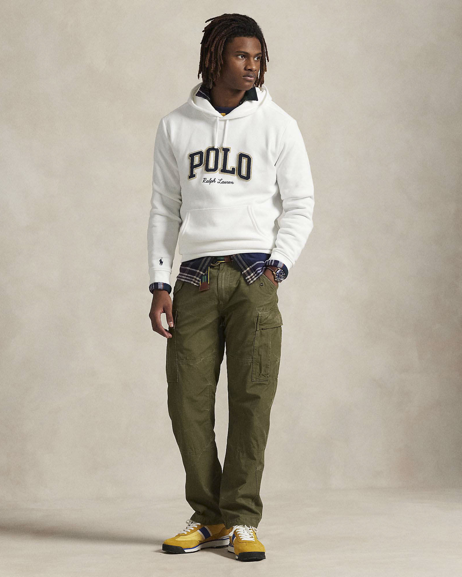 Felpa Polo Ralph Lauren bianca in cotone con cappuccio e scritta 'POLO' in spugna davanti