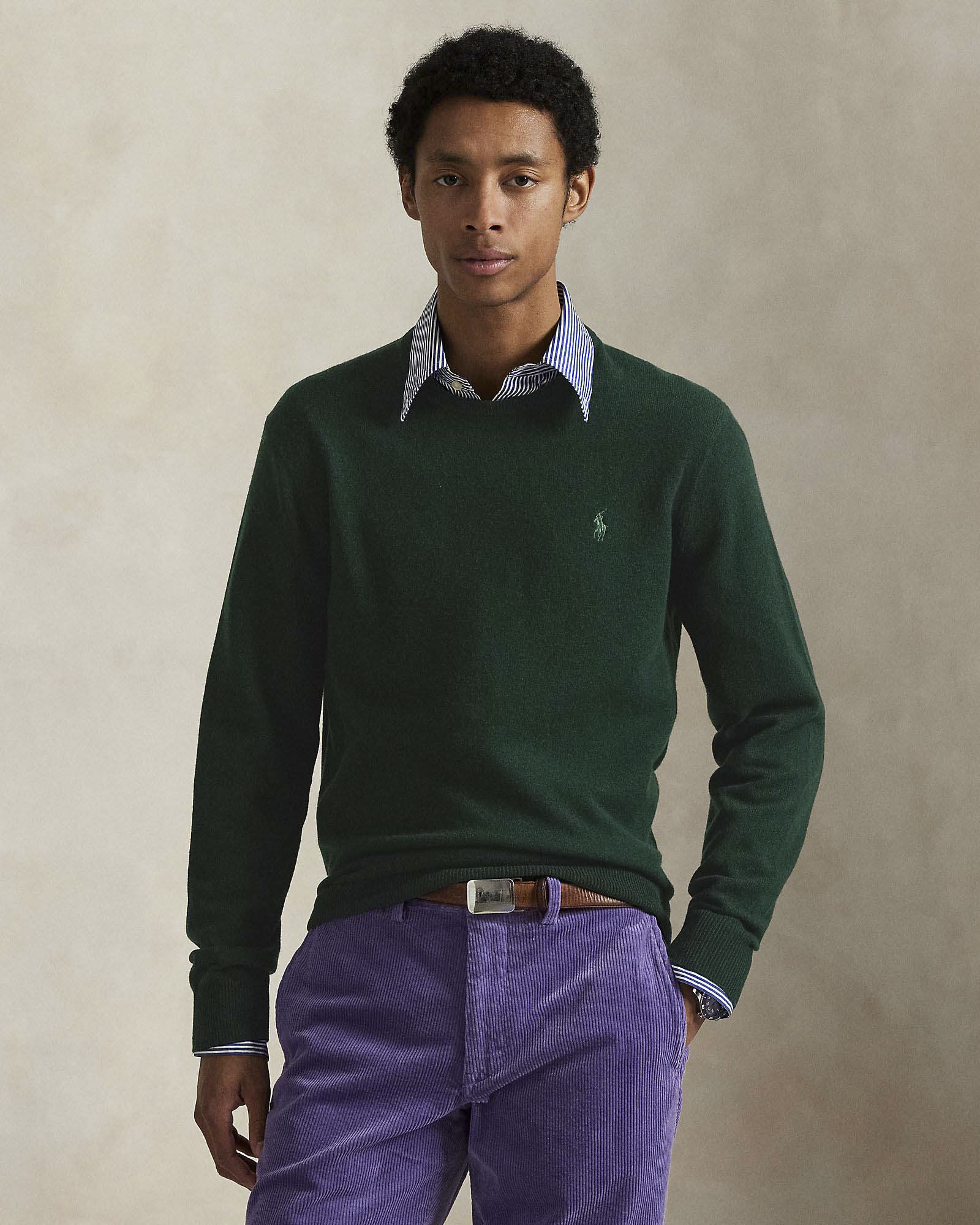 Maglia Polo Ralph Lauren verde in pura lana con scollo a giro e logo pony in tono ricamato sul petto