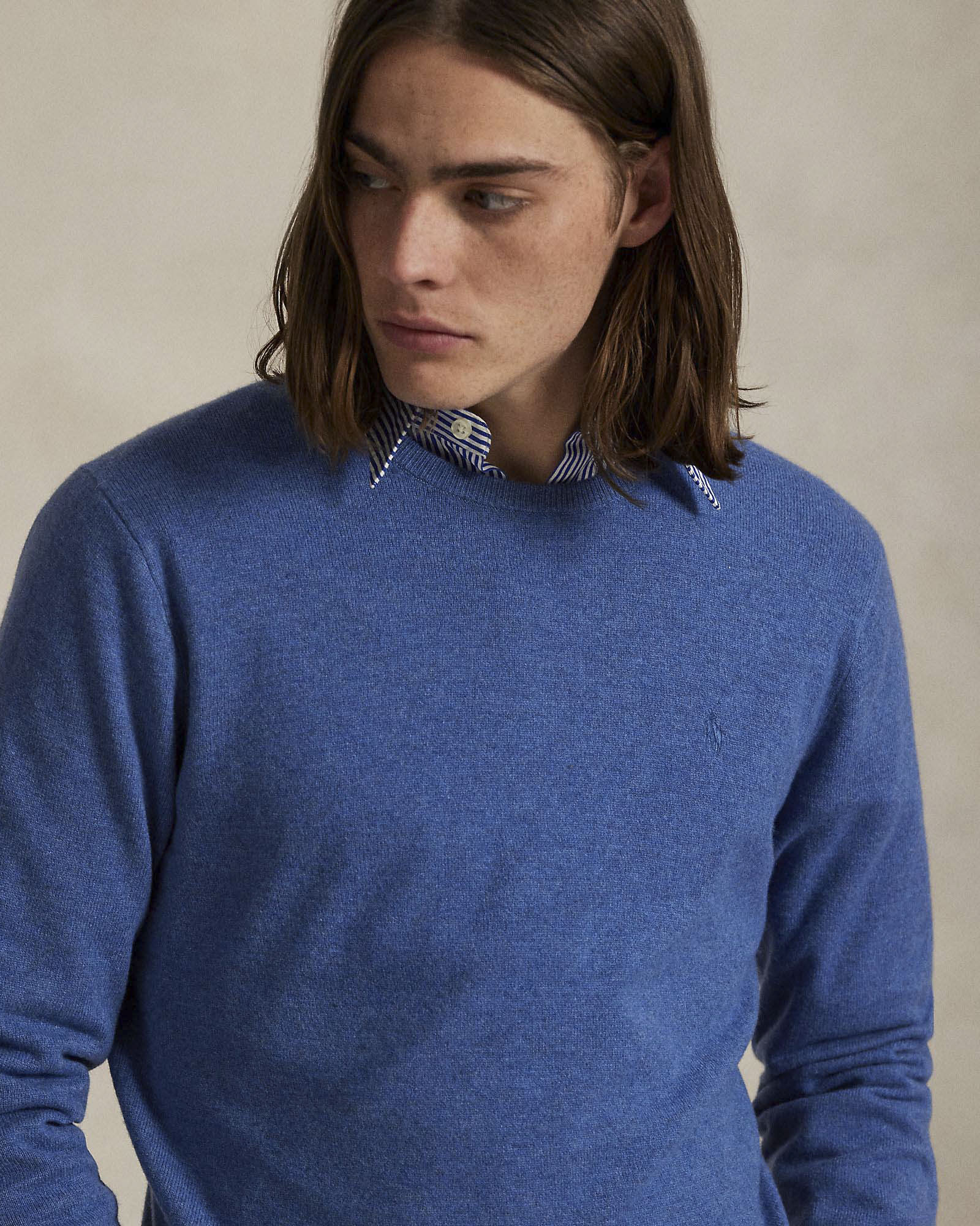 Maglia Polo Ralph Lauren celeste in pura lana con scollo a giro e