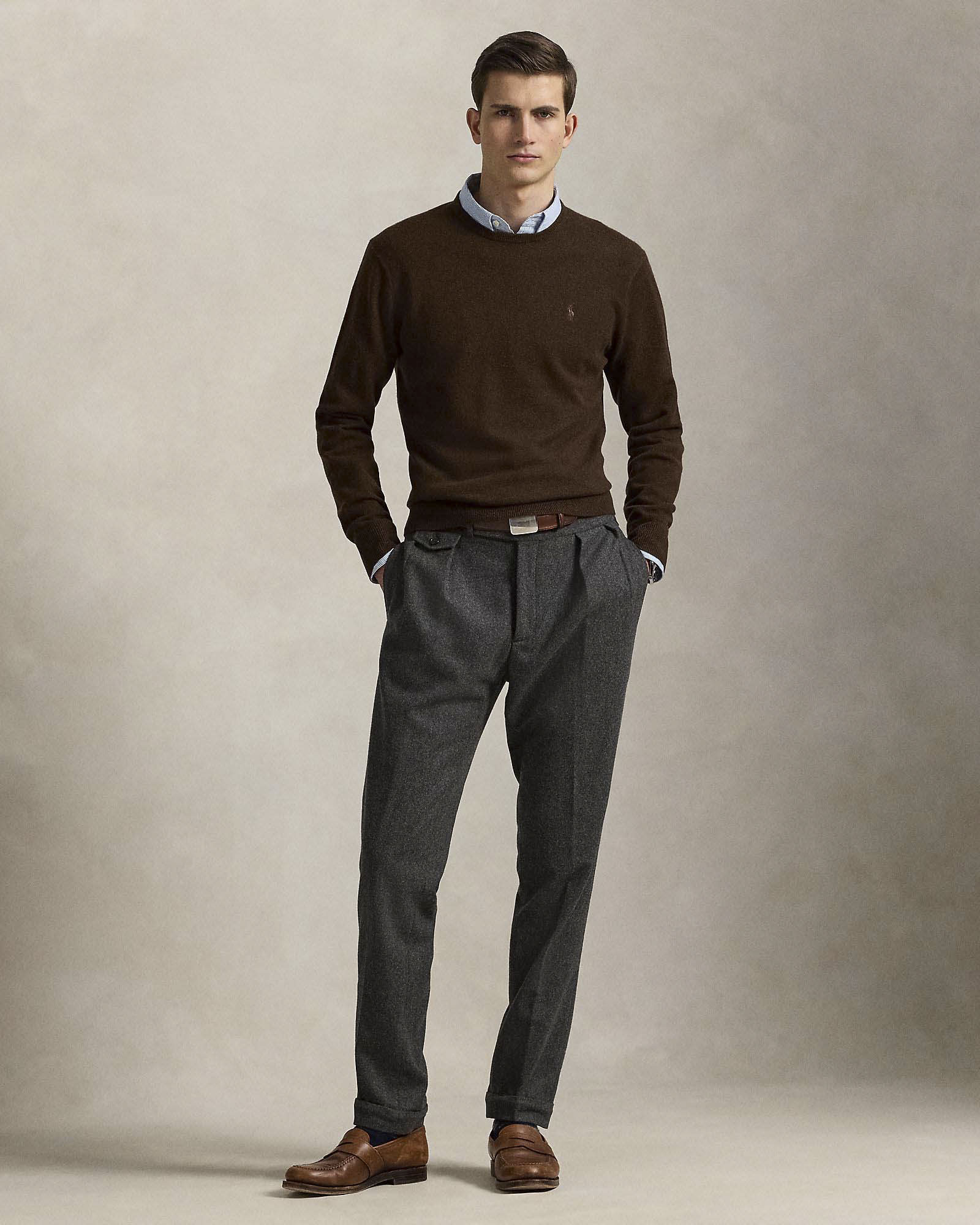 Maglia Polo Ralph Lauren marrone in pura lana con scollo a giro e logo pony in tono ricamato sul petto