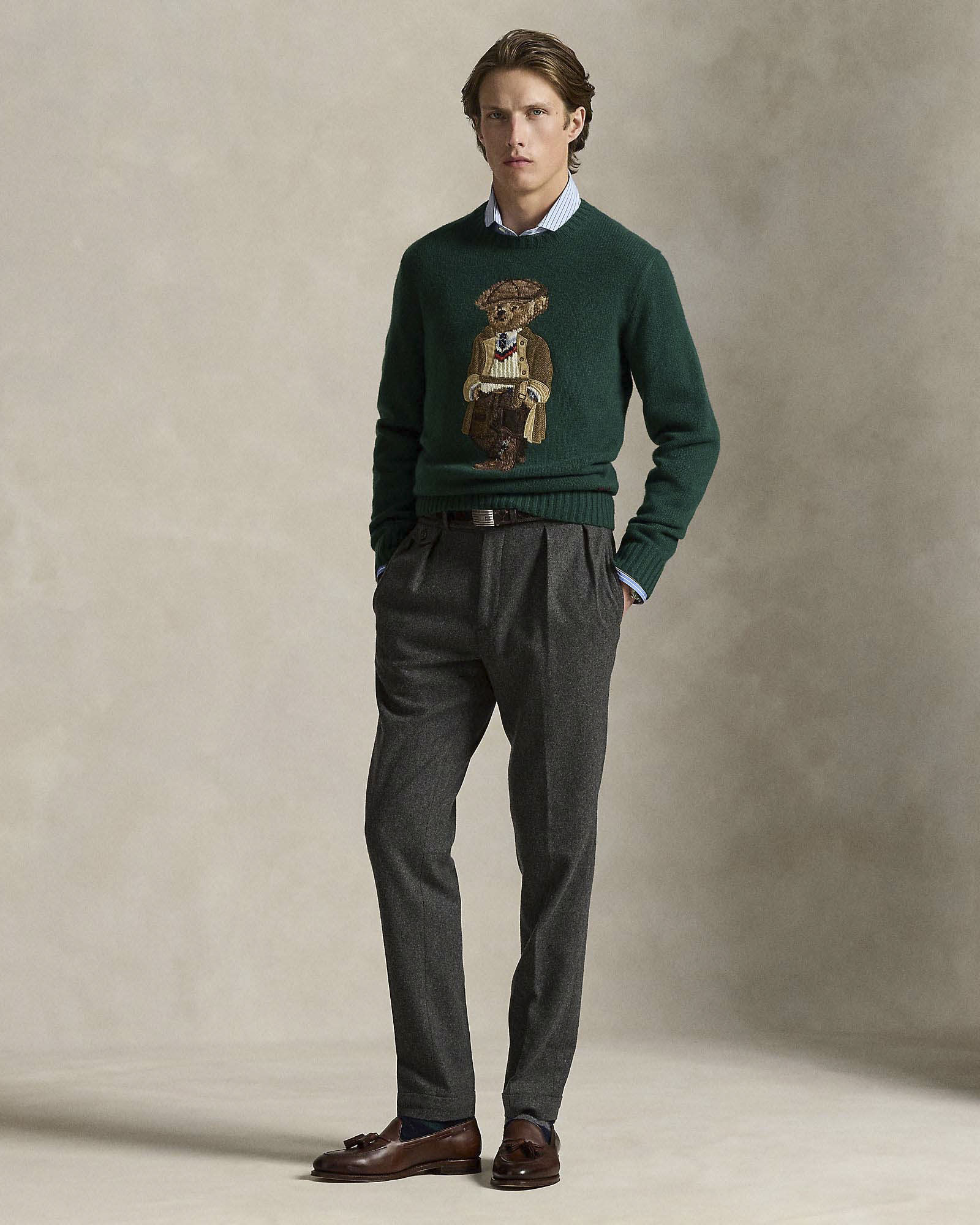 Maglione Polo verde girocollo in misto lana e cachemire con Polo Bear ricamato davanti